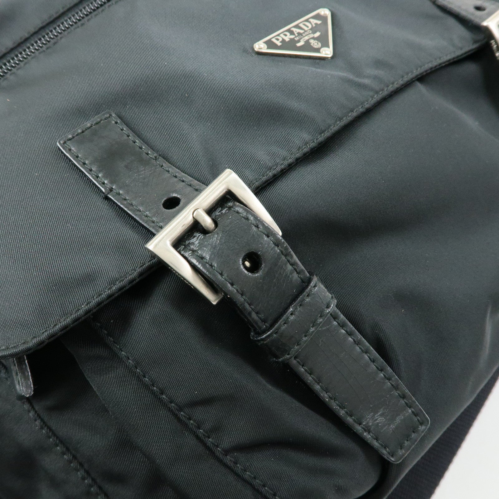 PRADA Triangle Logo Nylon Leather Shoulder Bag Black BT6671