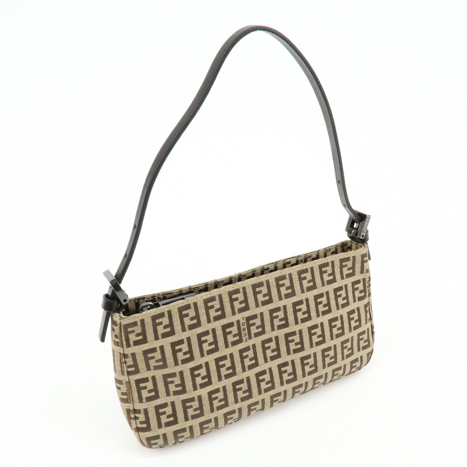FENDI Zucchino Canvas Leather Hand Bag Brown Beige 8BR041