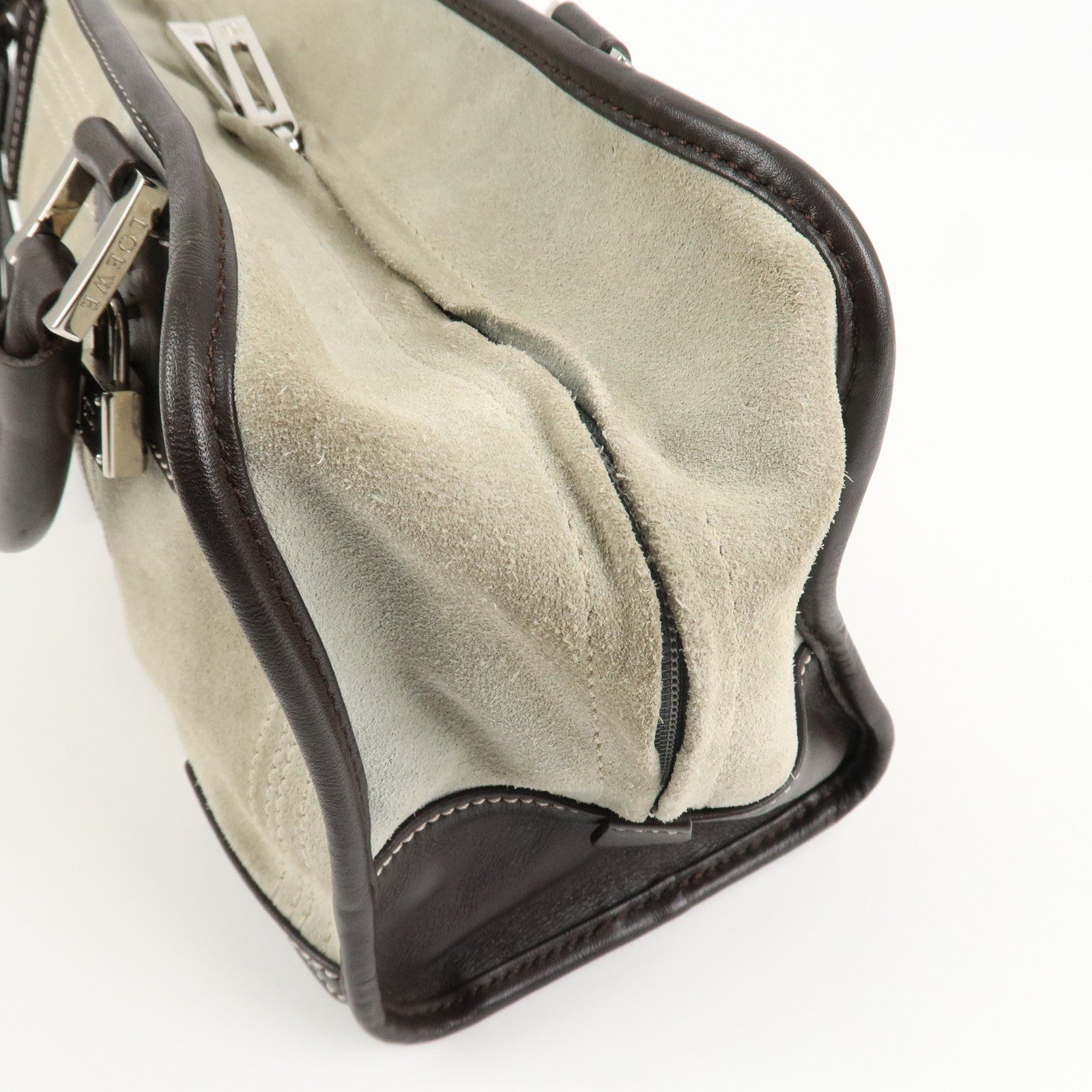 LOEWE Anagram Amazona 28 Suede Leather Hand Bag Ivory Brown Used