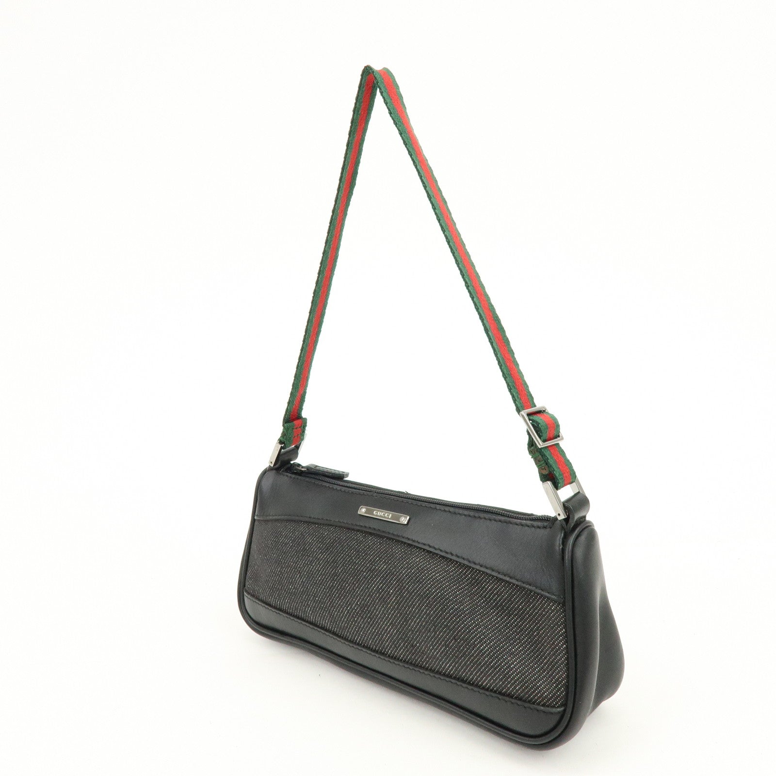 GUCCI Sherry Denim Leather Accessory Pouch Hand Bag Black 92820