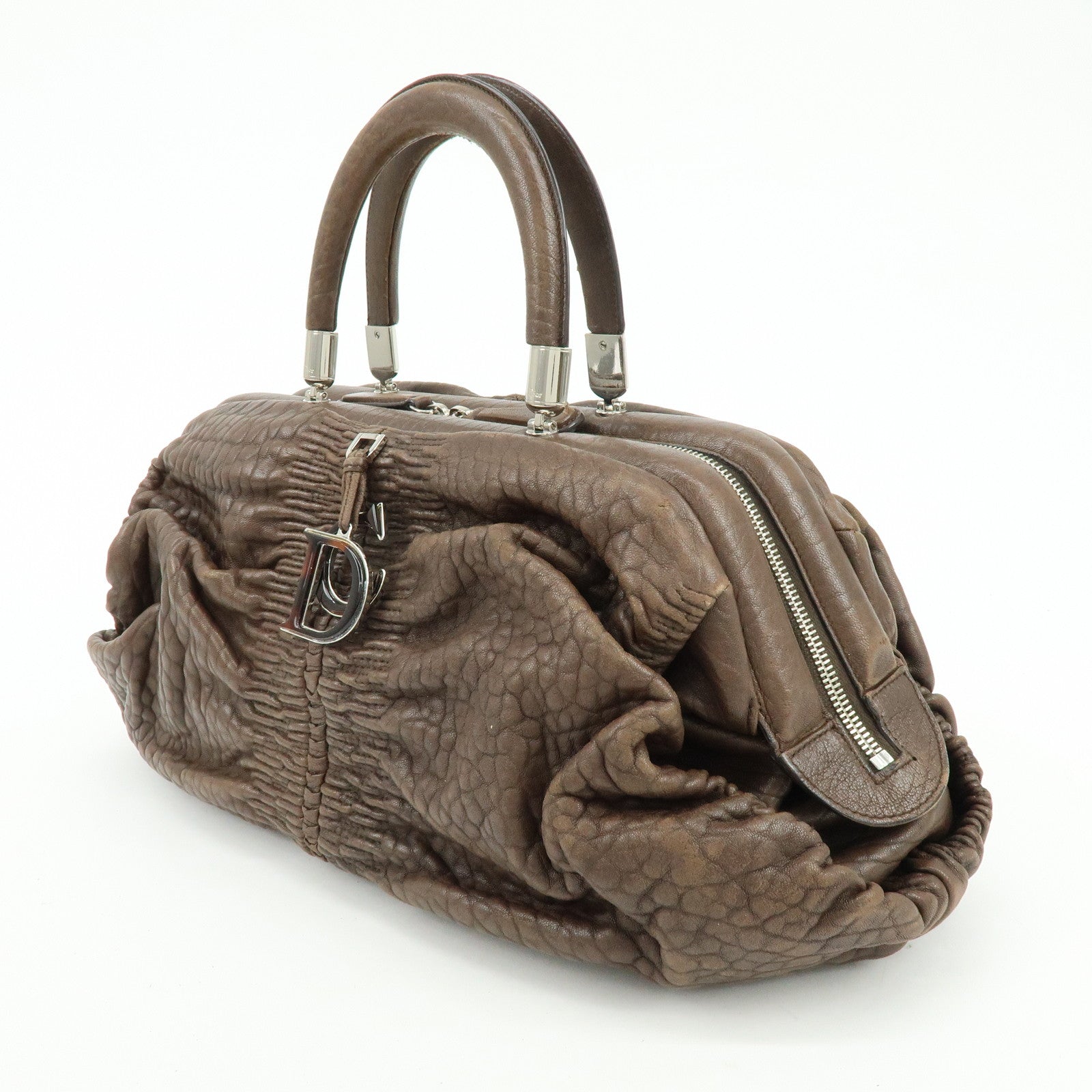 Christian Dior Embossed Gathered Leather Boston Bag Hand Bag Brown