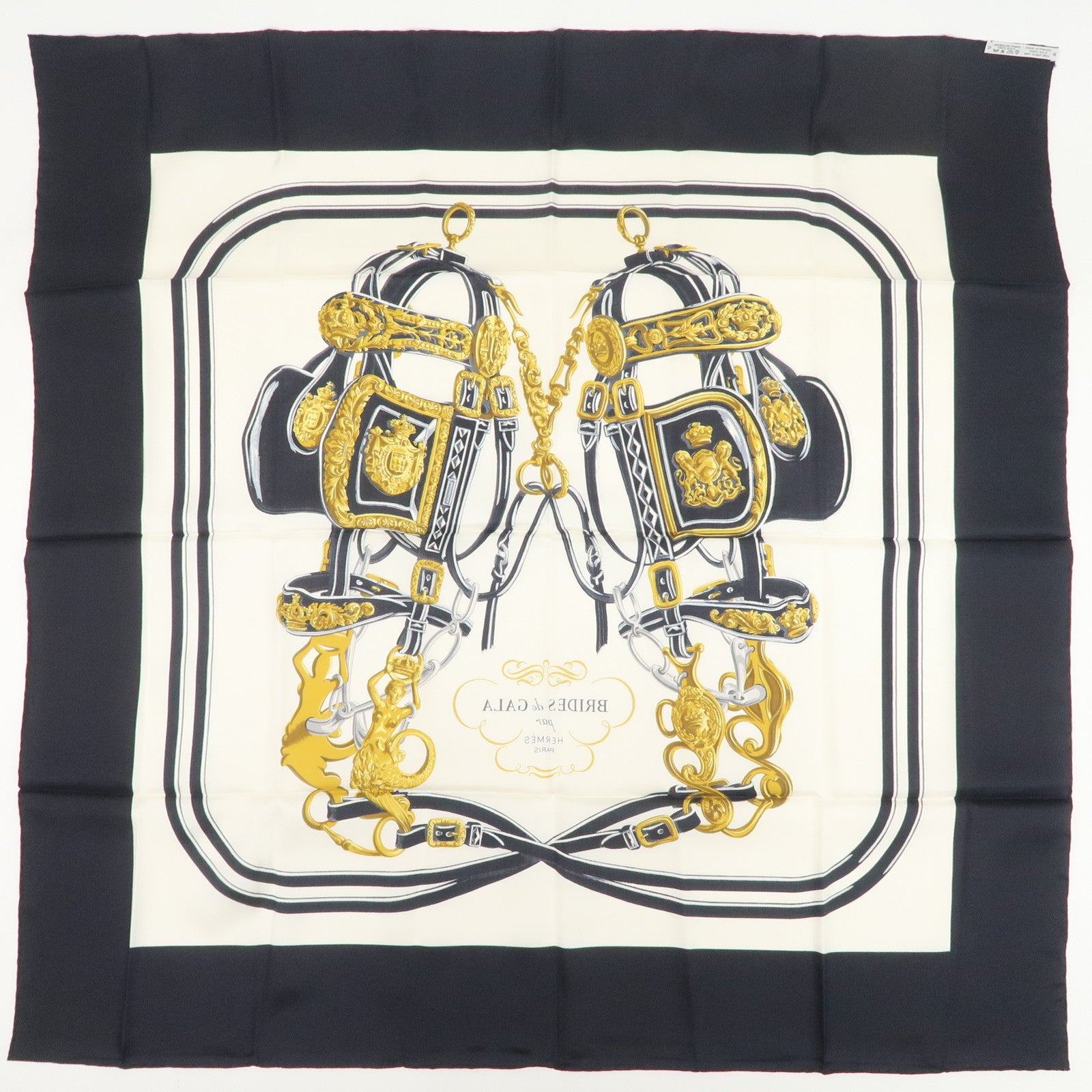 HERMES Carre 90 Silk 100% BRIDES DE GALA Scarf Black Gold