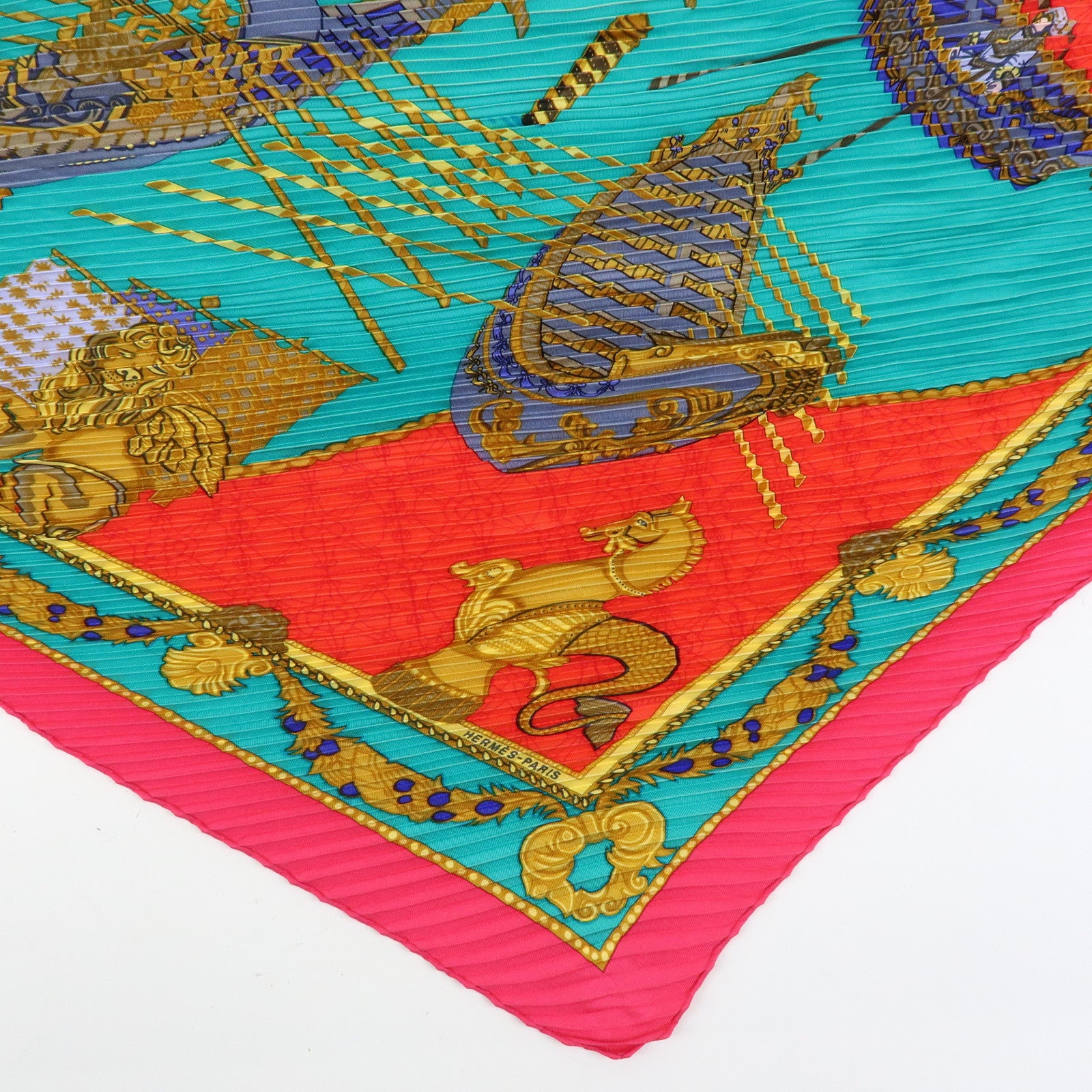 HERMES Pleated Carre 90 Set of 2 Silk 100% Scarf Green Pink