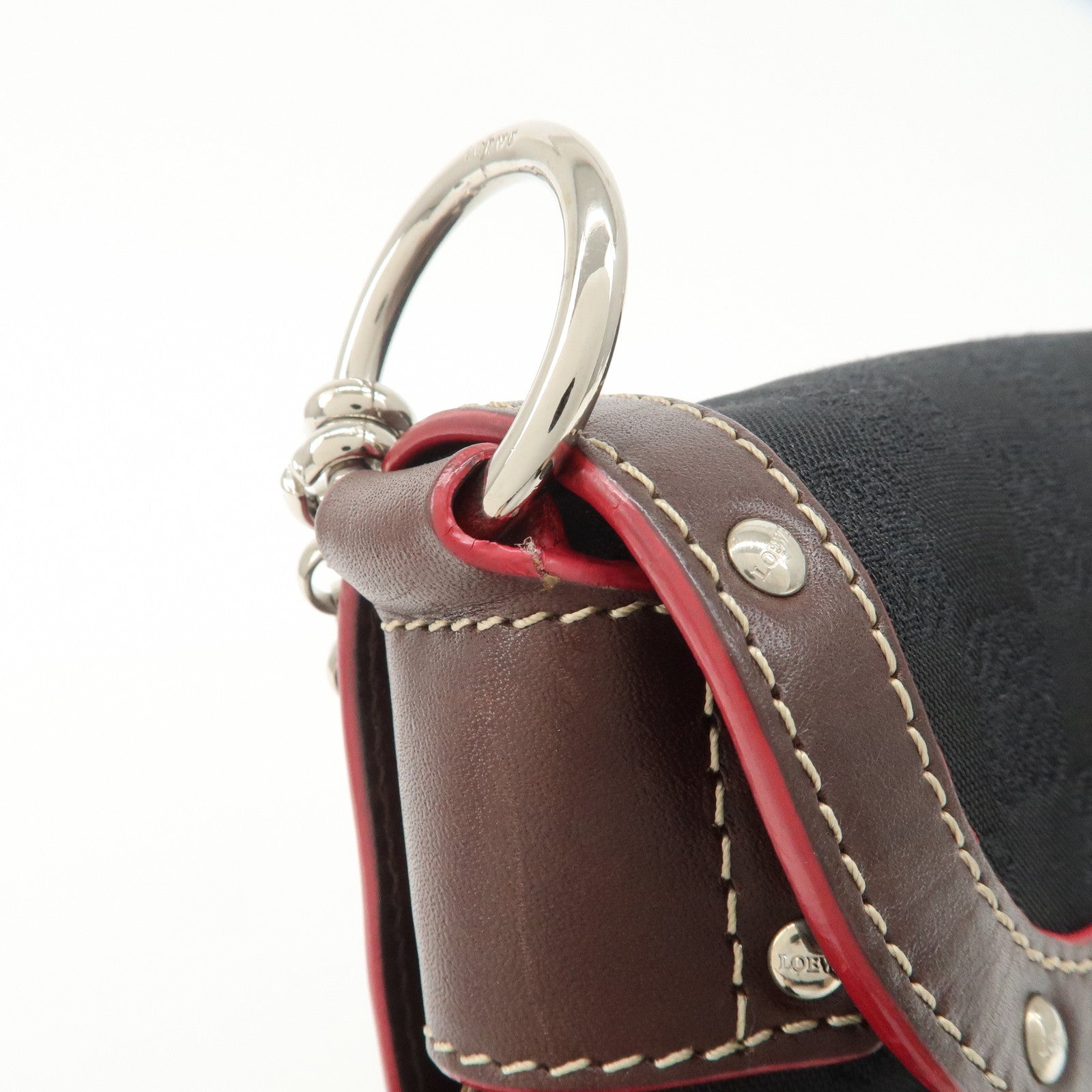 LOEWE Anagram Leather Canvas Chain Shoulder Bag Black Brown