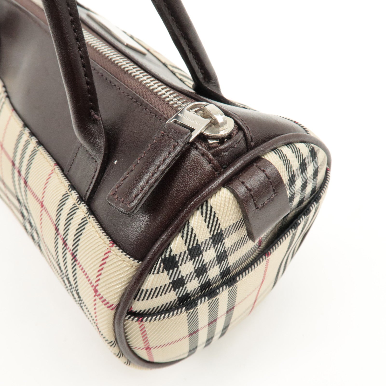 BURBERRY Leather Canvas Hand Bag Nova Plaid Beige Brown Used