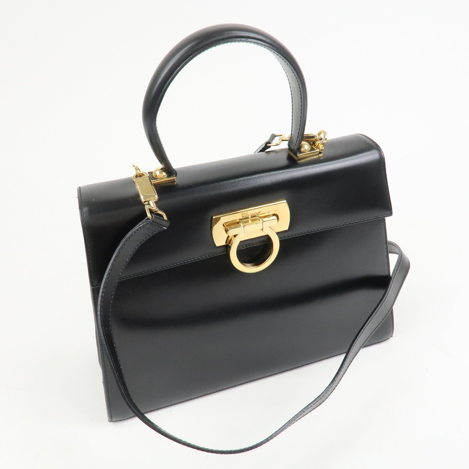 Ferragamo Gancini Logo Leather 2Way Bag Hand Bag Shoulder Bag Black