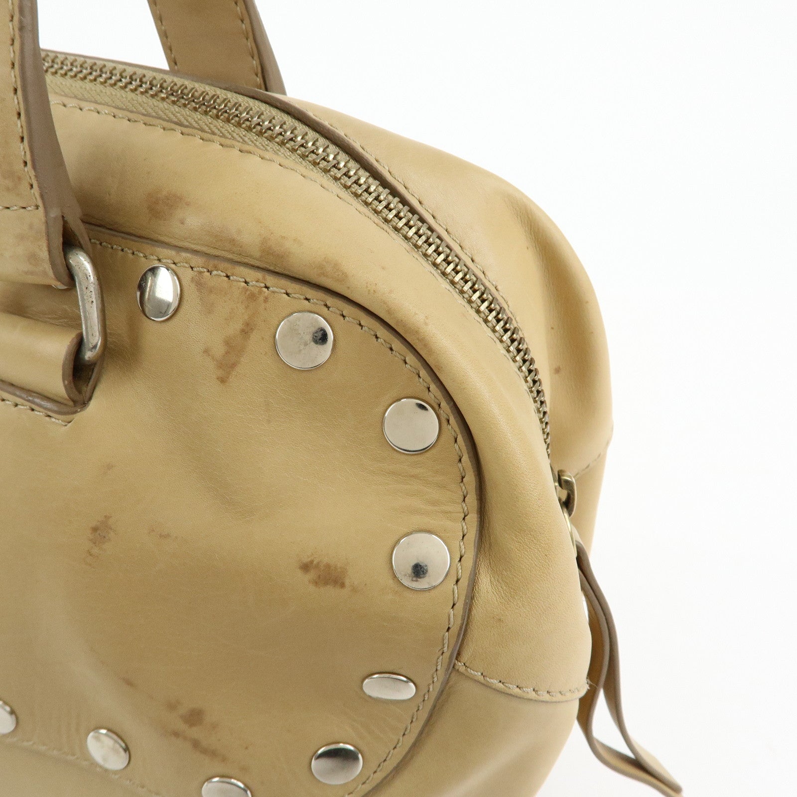 CELINE Leather Hand Bag Bowling Bag Beige Studs