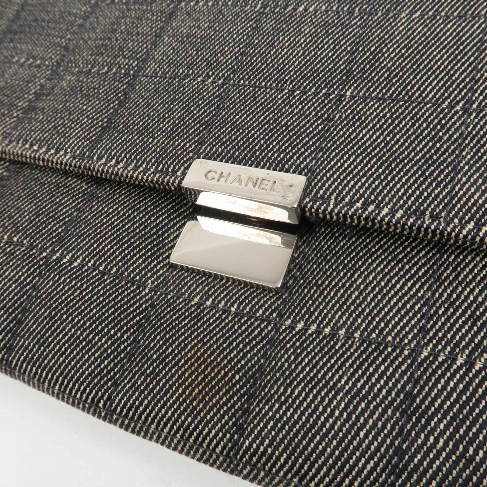 CHANEL Chocolate Bar Denim Leather Chain Shoulder Hand Bag Black