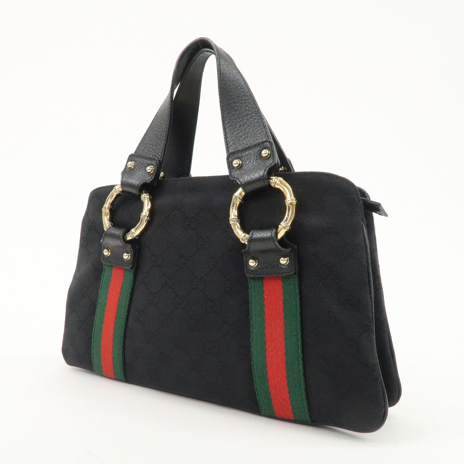 GUCCI Sherry Canvas Leather Tote Bag Hand Bag Black 131324 Used