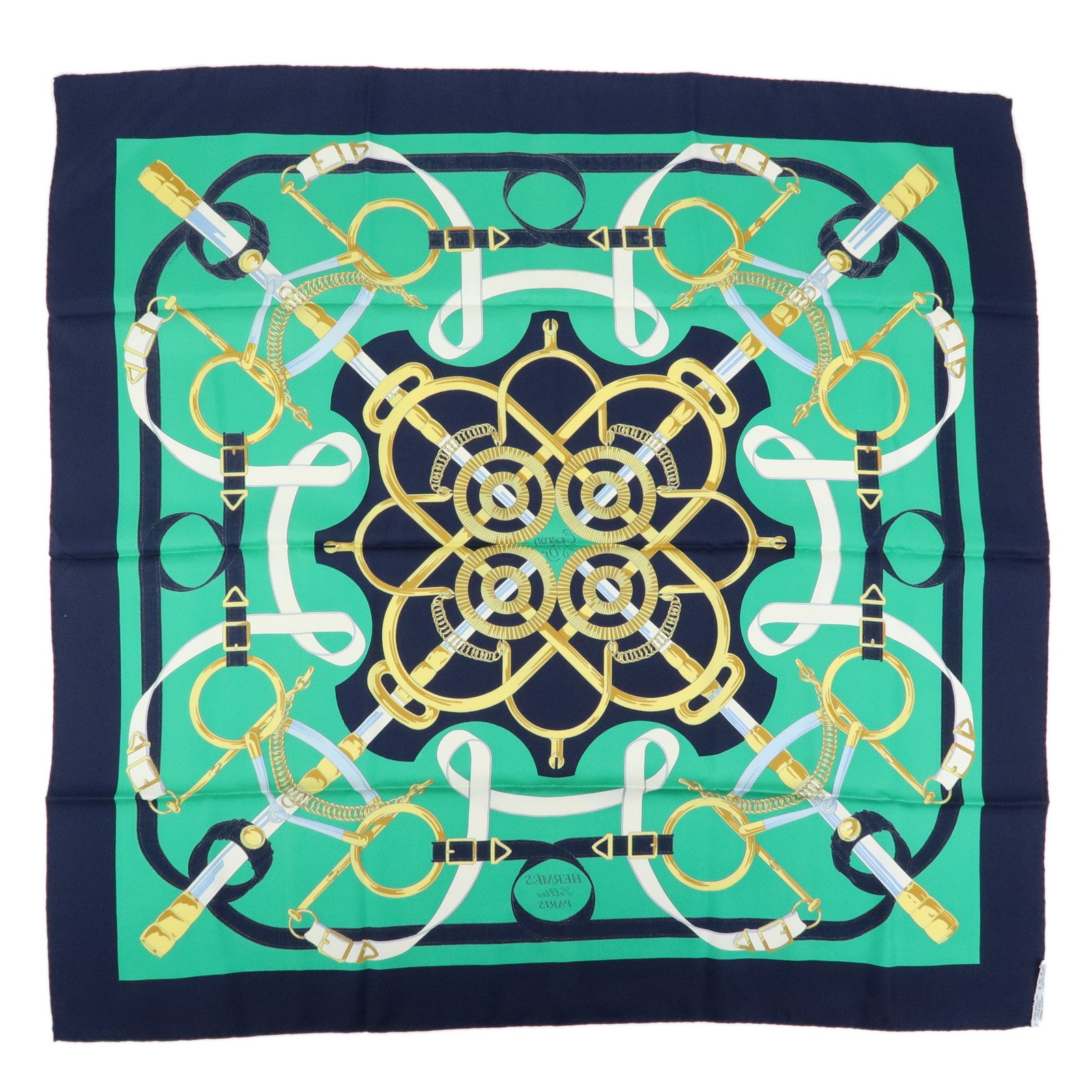 HERMES Carre 90 Silk 100% Scarf Eperon d'or Navy Green Gold