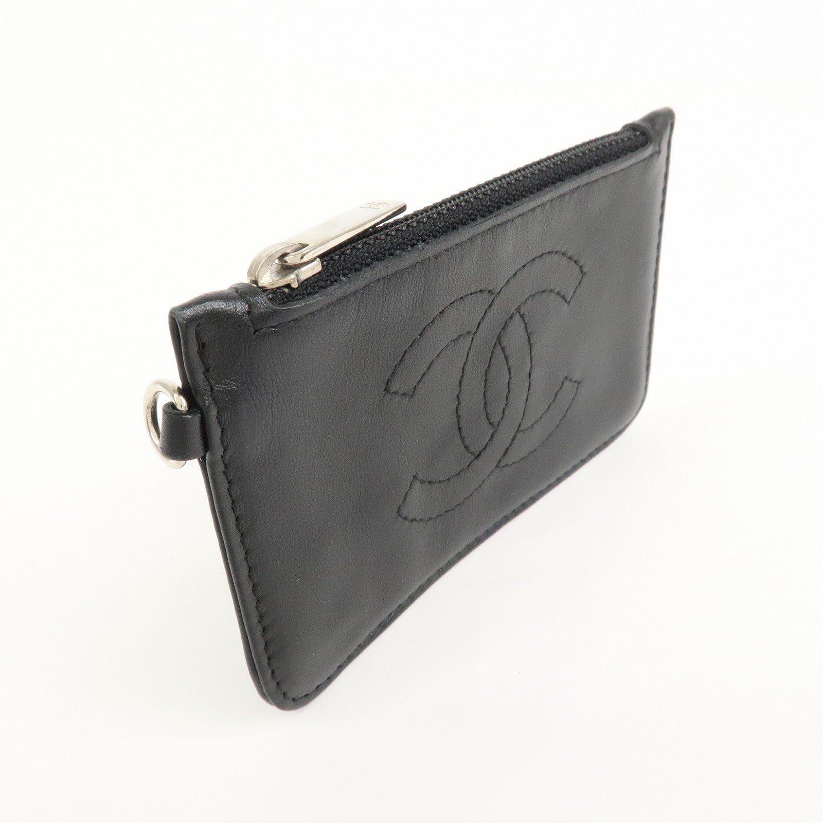 CHANEL COCO Mark Lamb Skin Coin Case Black Silver A25183