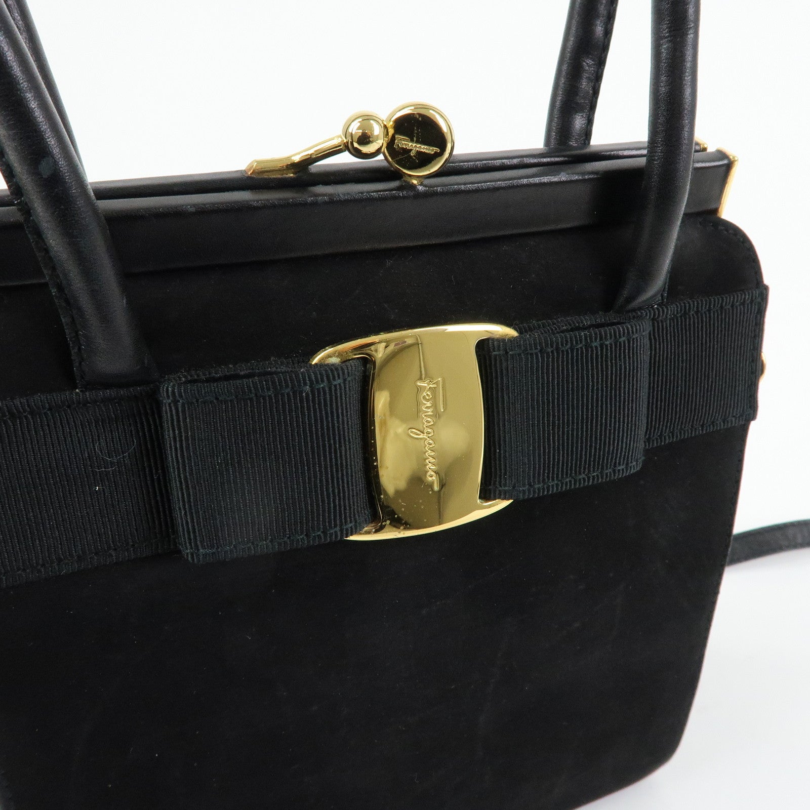 Ferragamo Varra Ribbon Suede Leather 2Way Bag Hand Bag Black