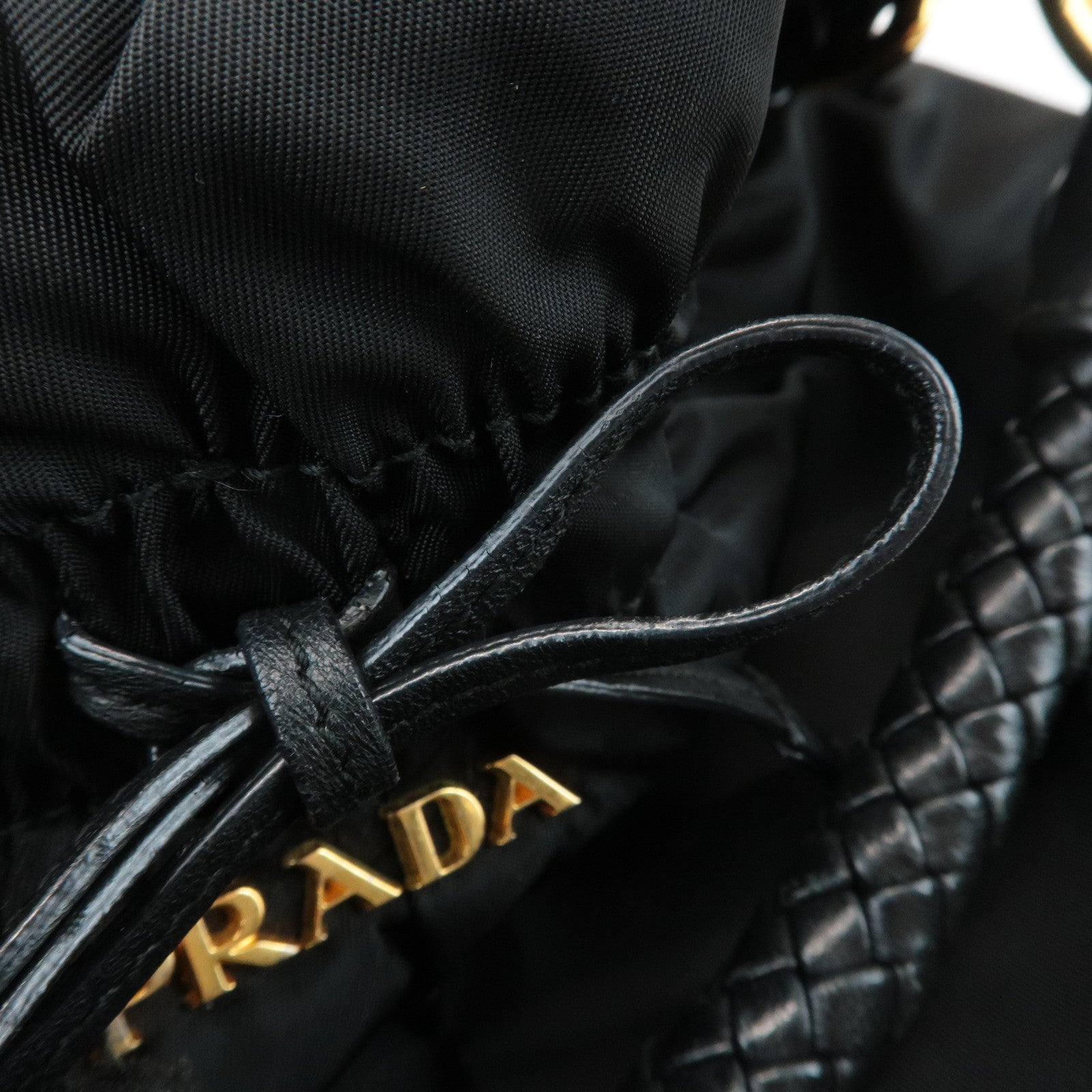 PRADA Ribbon Leather Nylon Shoulder Bag Hand Bag Black