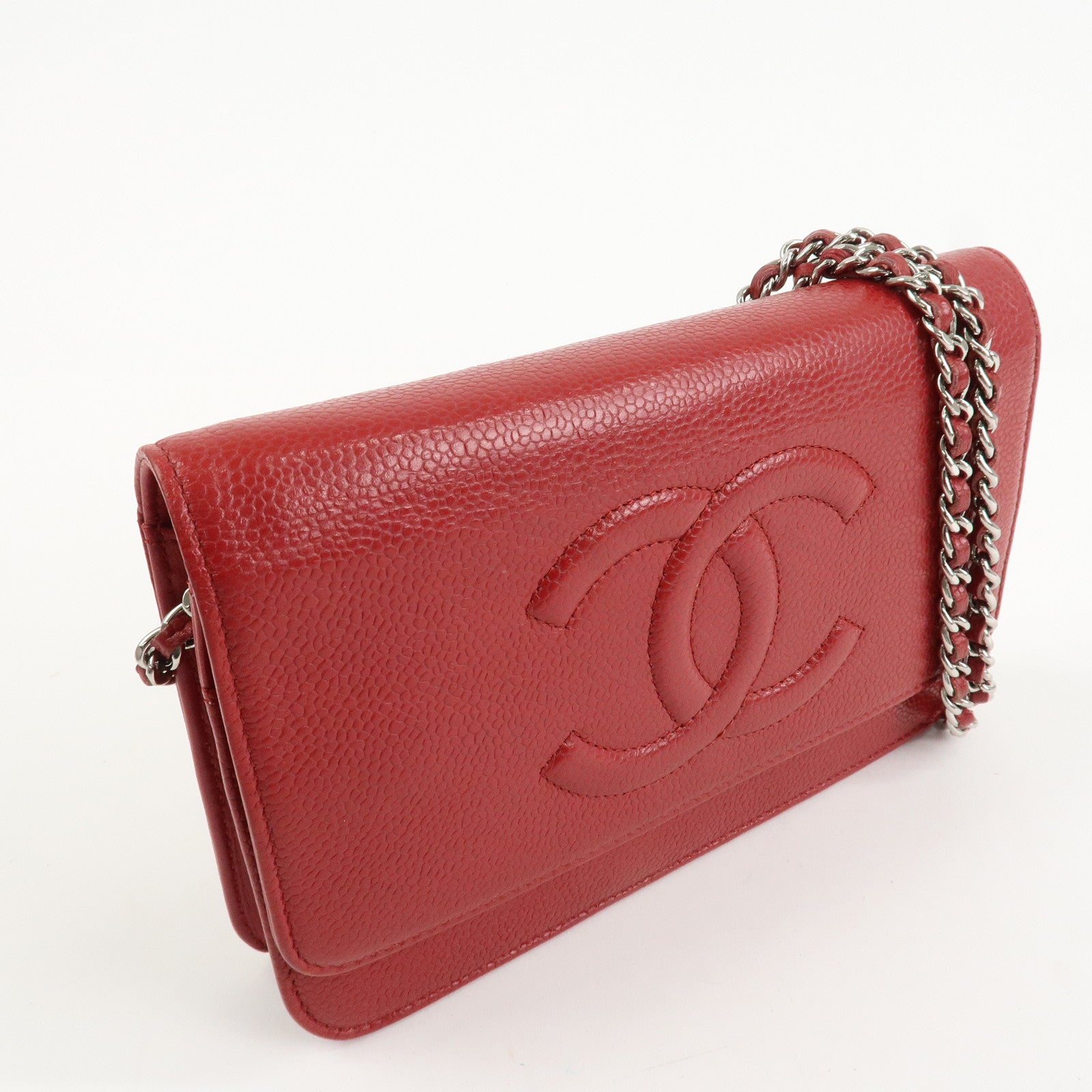 CHANEL COCO Mark Caviarskin Chain Shoulder Bag Wallet Red A48654