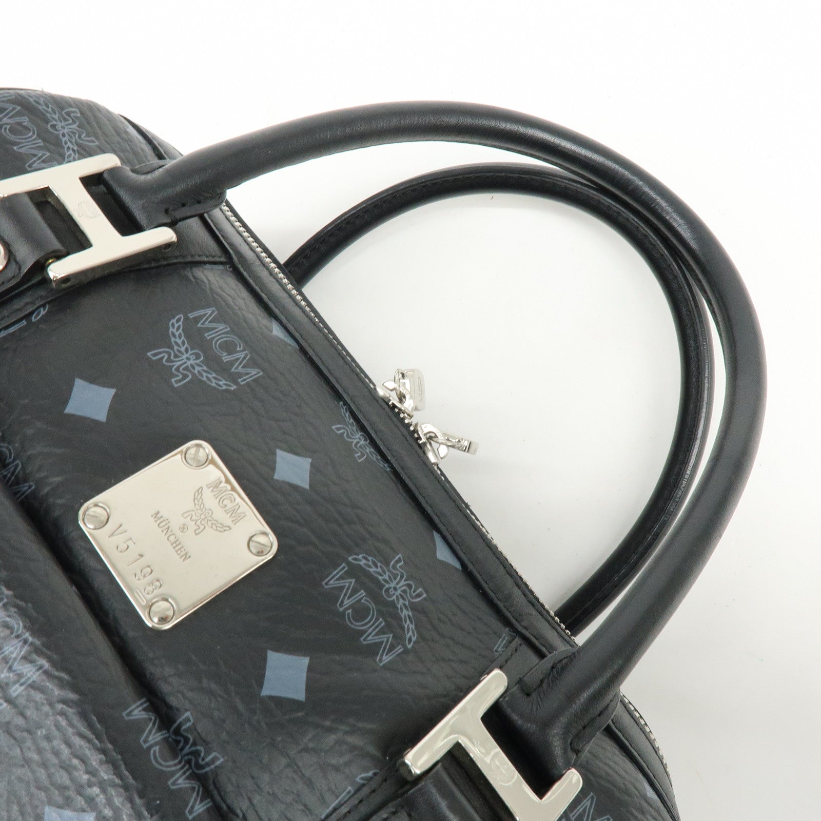 MCM Visetos PVC Leather Boston Bag Hand Bag Black