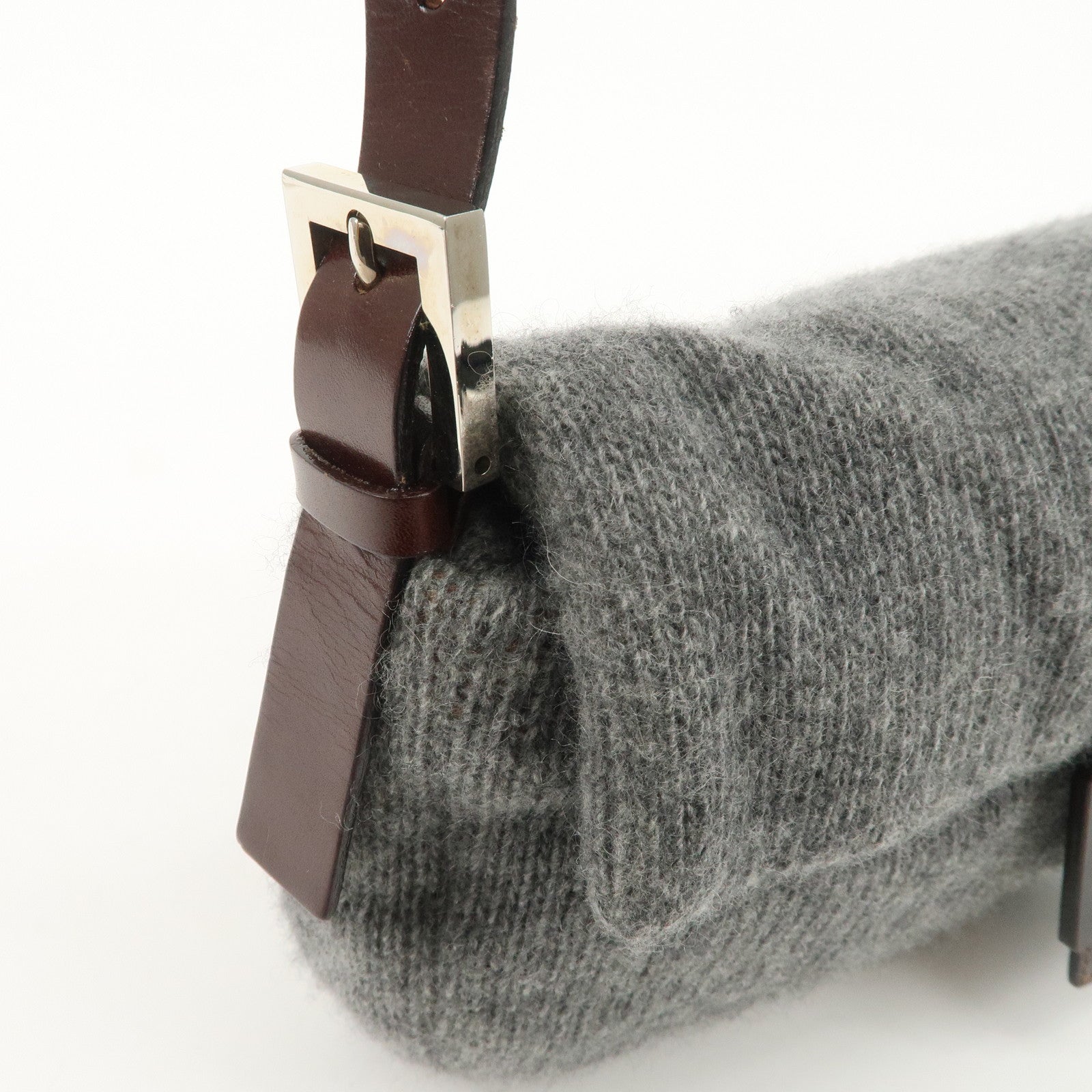 FENDI Mamma Baguette Wool Leather Shoulder Bag Brown Gray 26424