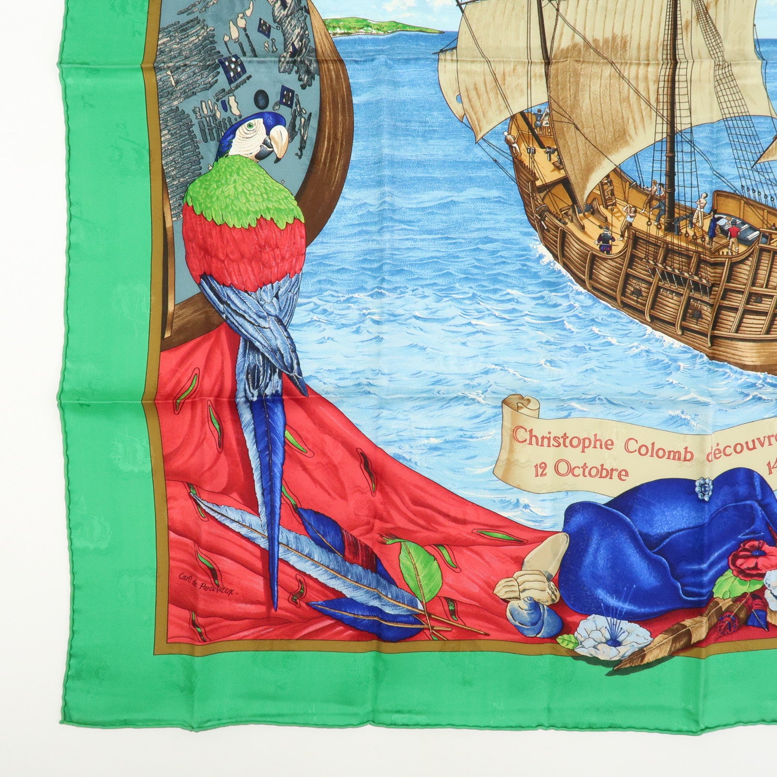 HERMES Carre 90 Silk 100% Scarf Christophe Colomb Green Blue