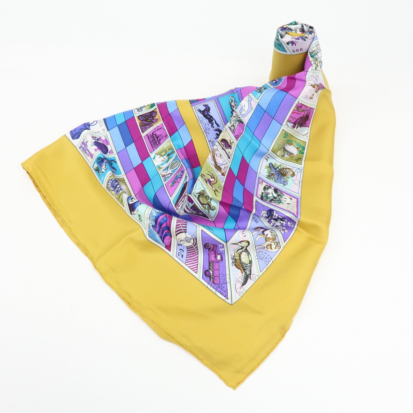 HERMES Carre 90 Silk 100% Scarf CORRESPONDANCE Mustard Purple