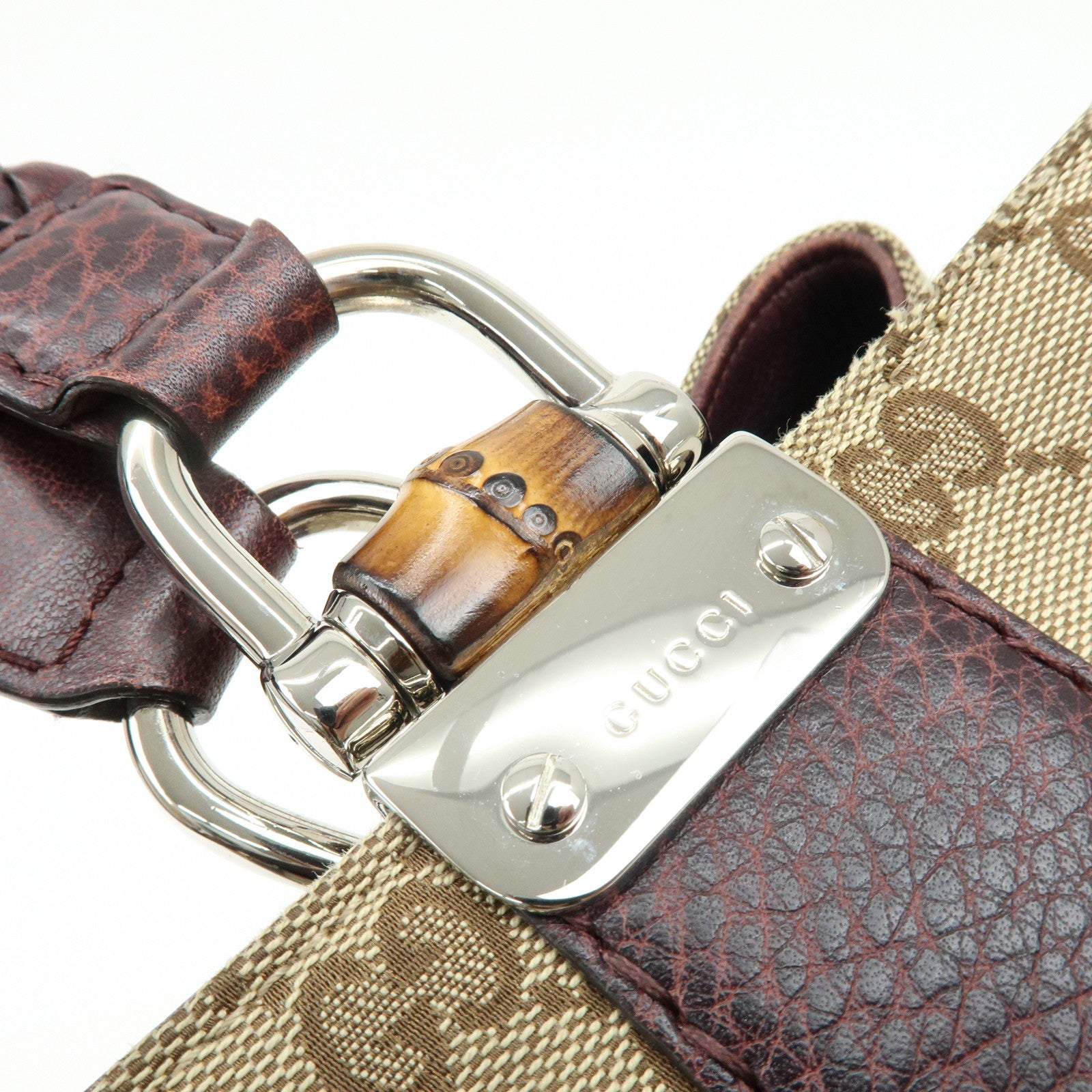 GUCCI Bamboo GG Canvas Leather Tote Hand Bag Beige Purple 232947