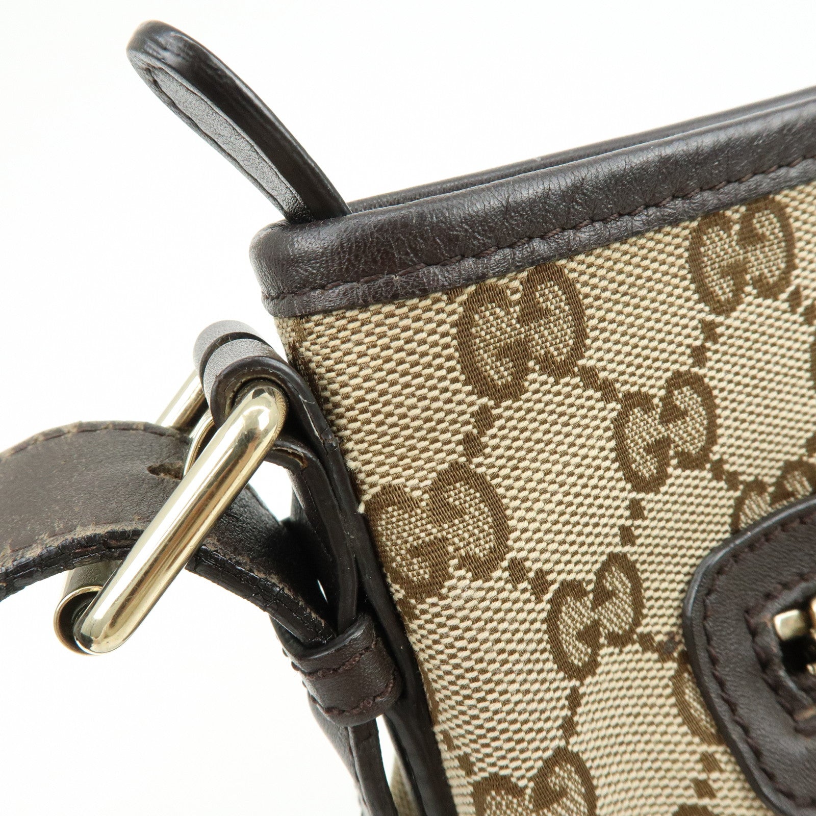GUCCI GG Canvas Leather Shoulder Bag Beige Dark Brown 388930