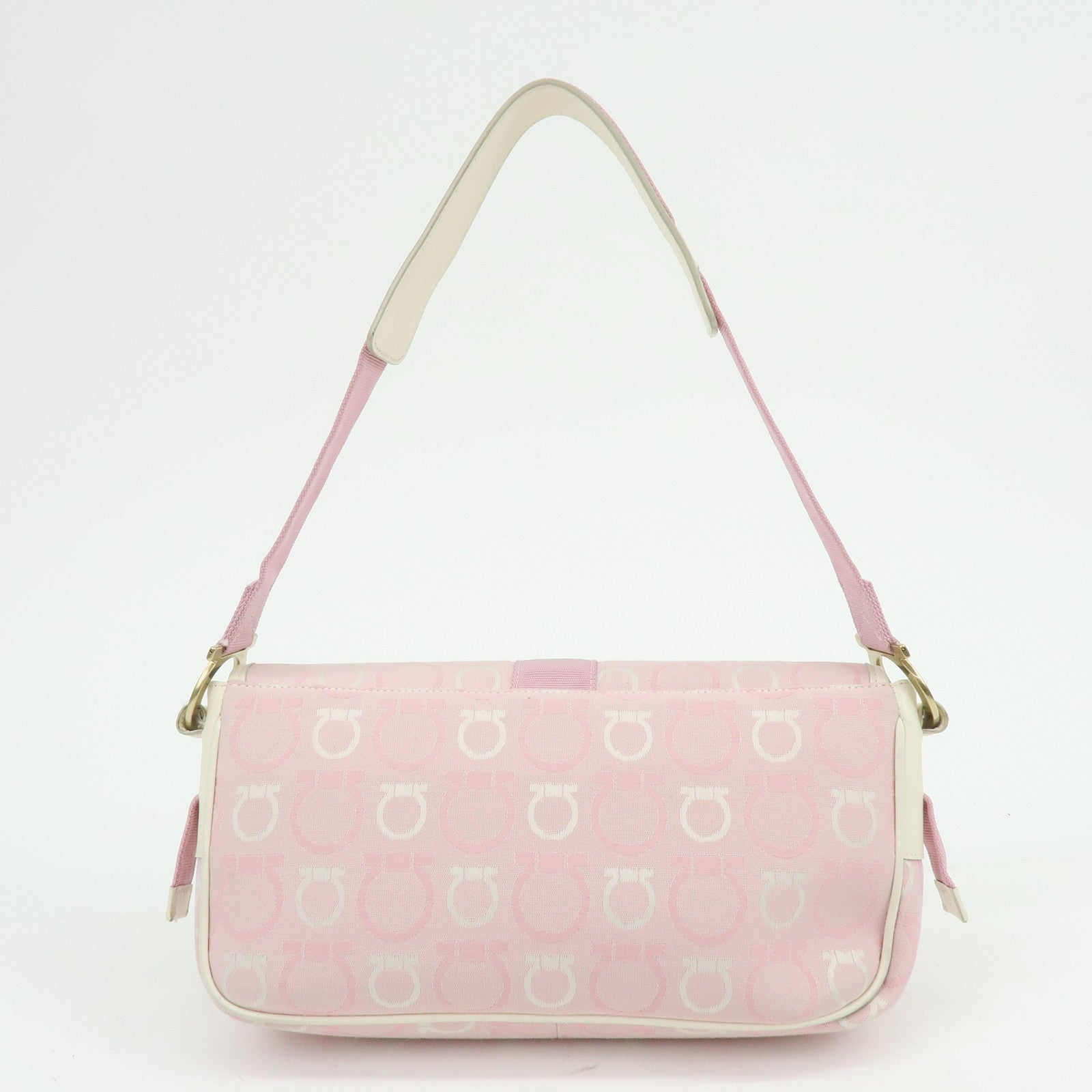 Ferragamo Gancini Canvas Leather Shoulder Bag Light Pink White