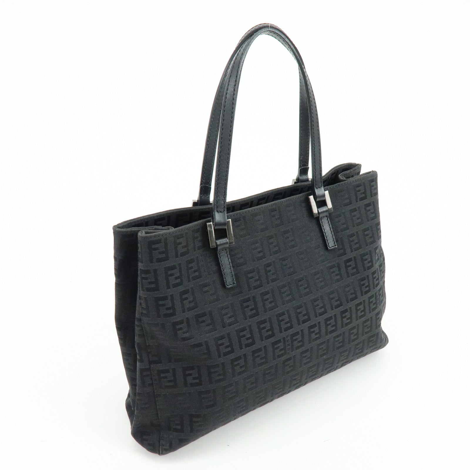 FENDI Zucchino Canvas Leather Tote Bag Hand Bag Black 8BH072