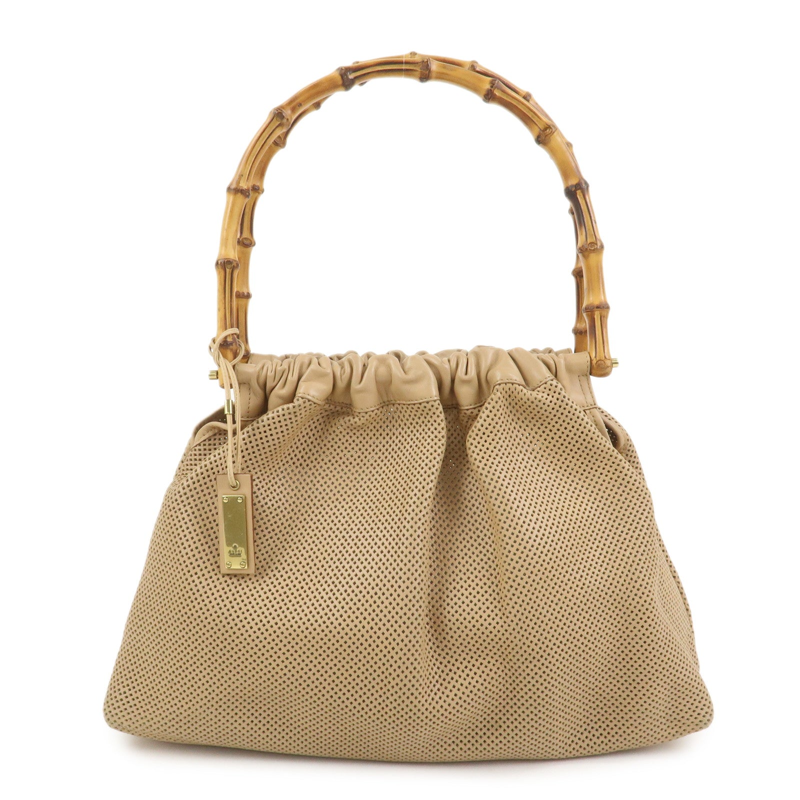 GUCCI Bamboo Leather Shoulder Bag Hand Bag Beige 92708