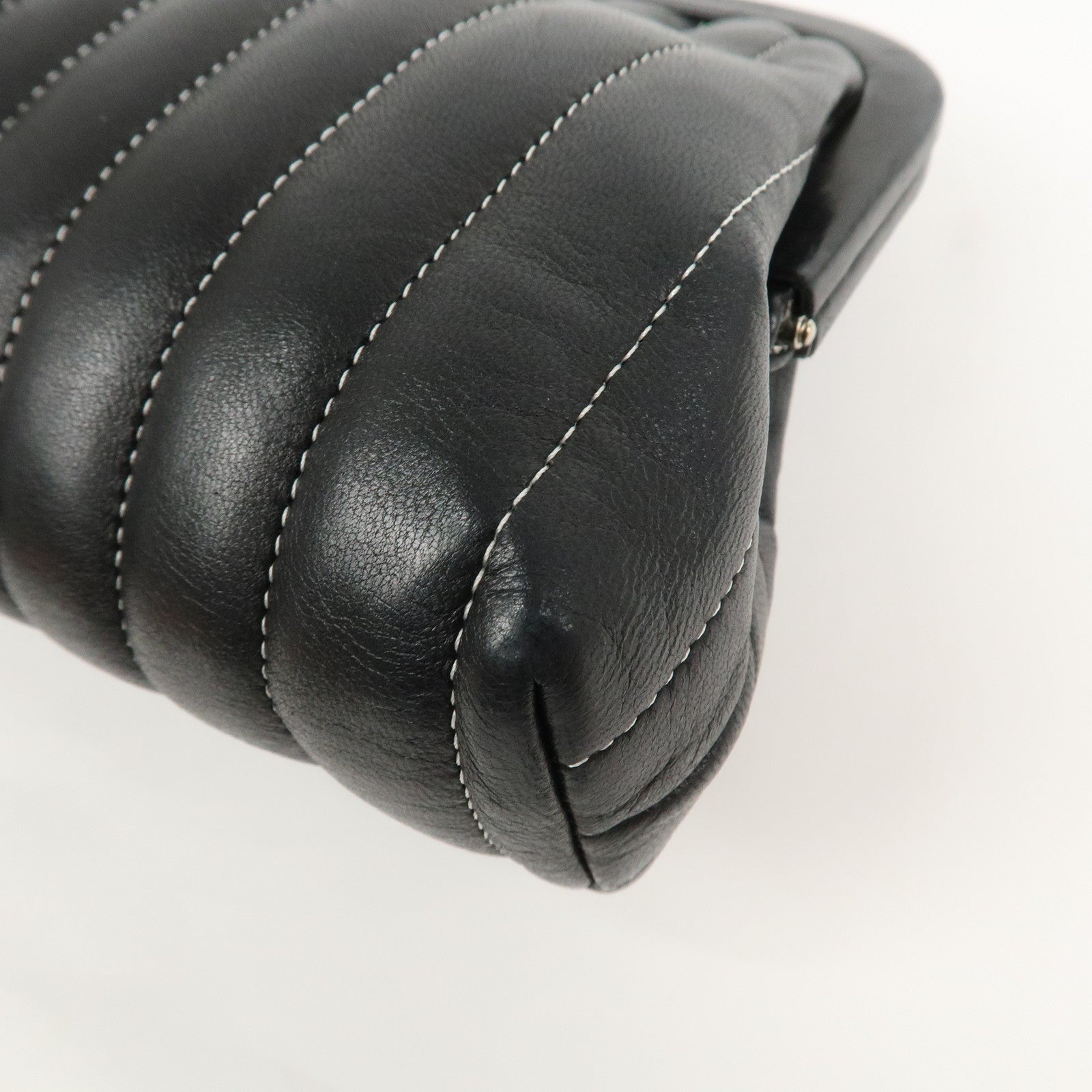 CHANEL Mademoiselle Line Lamb Skin Clutch Bag Hand Bag Black