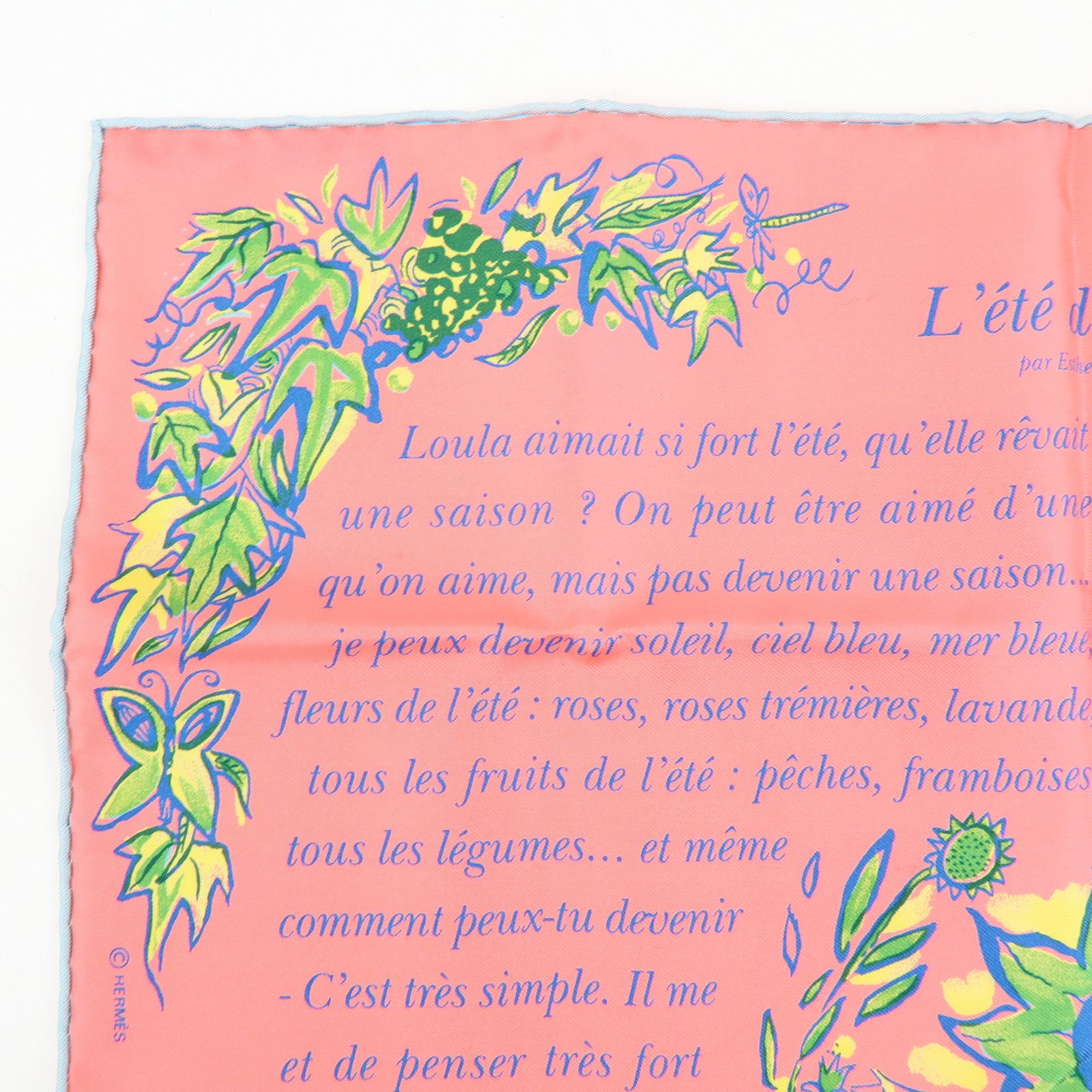HERMES Carre 45 Silk100% Scarf L'ete de Loula Pink Green Yellow