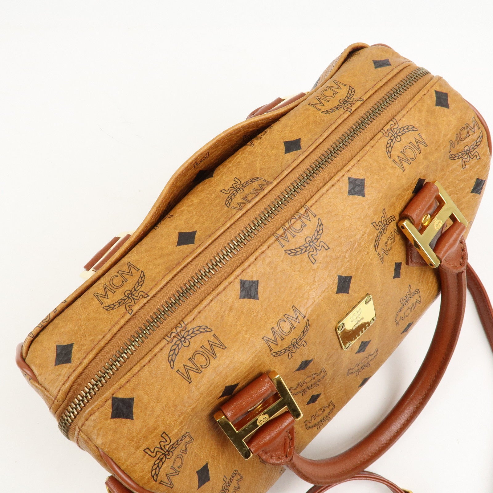 MCM Visetos Leather 2Way Bag Boston Bag Cognac