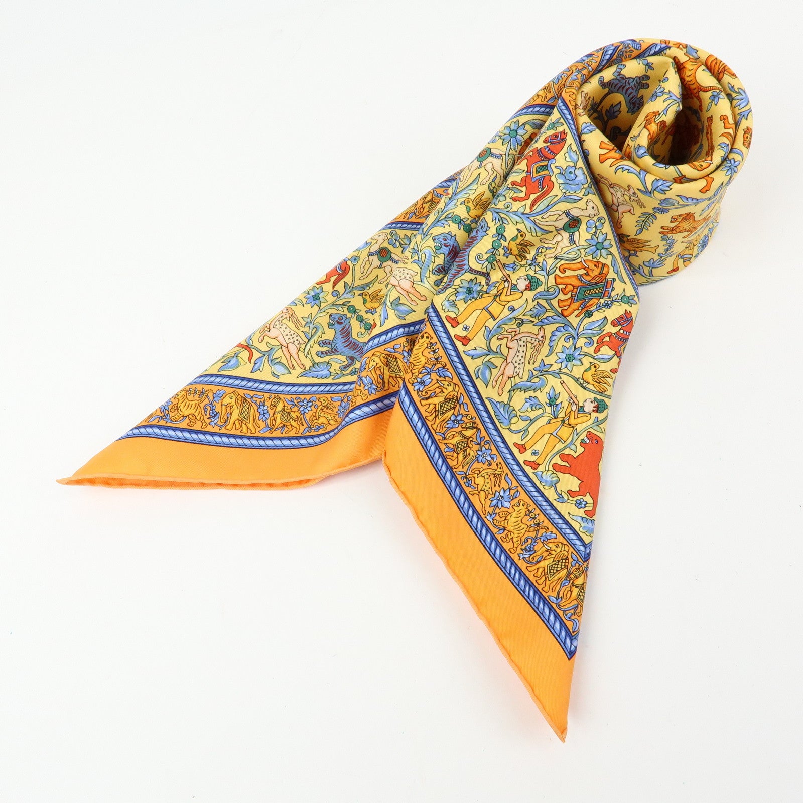 HERMES Carre 90 Silk 100% Scarf CHASSE EN INDE Orange Multicolor