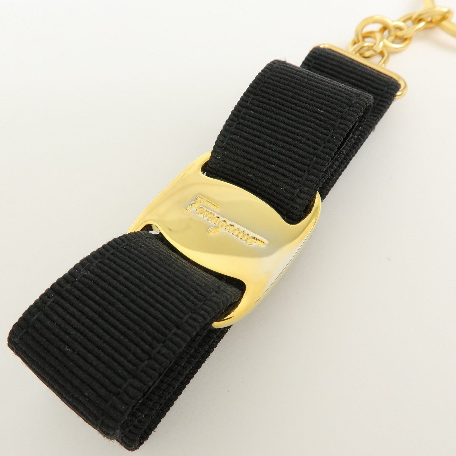 Ferragamo Vara Ribbon Metal Canvas Bag Charm Key Holder Black