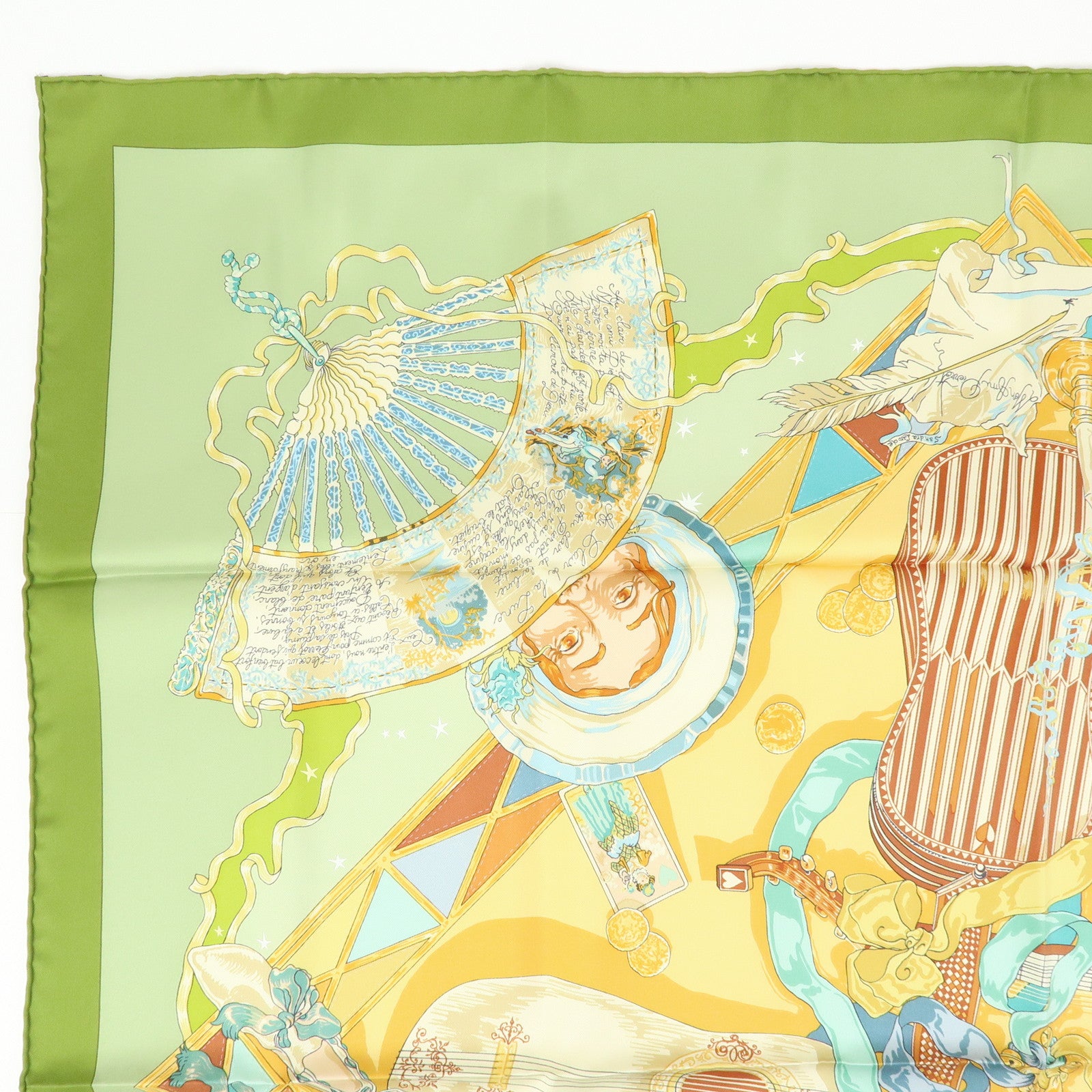 HERMES Carre90 Silk100% Scarf Mon Ami Pierrot Green Yellow Beige