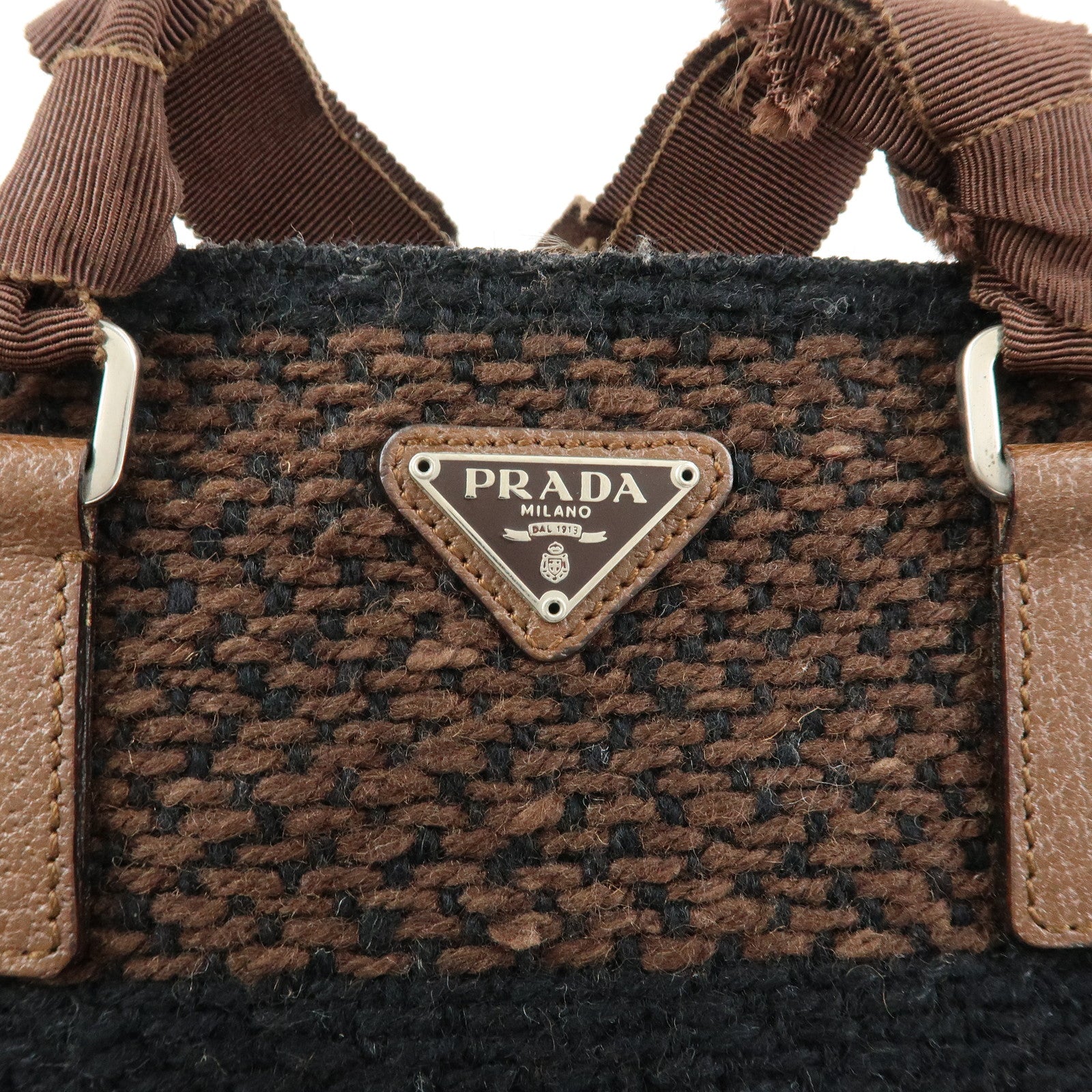 PRADA Triangle Logo Tweed Canvas Hand Bag Brown Black B11268