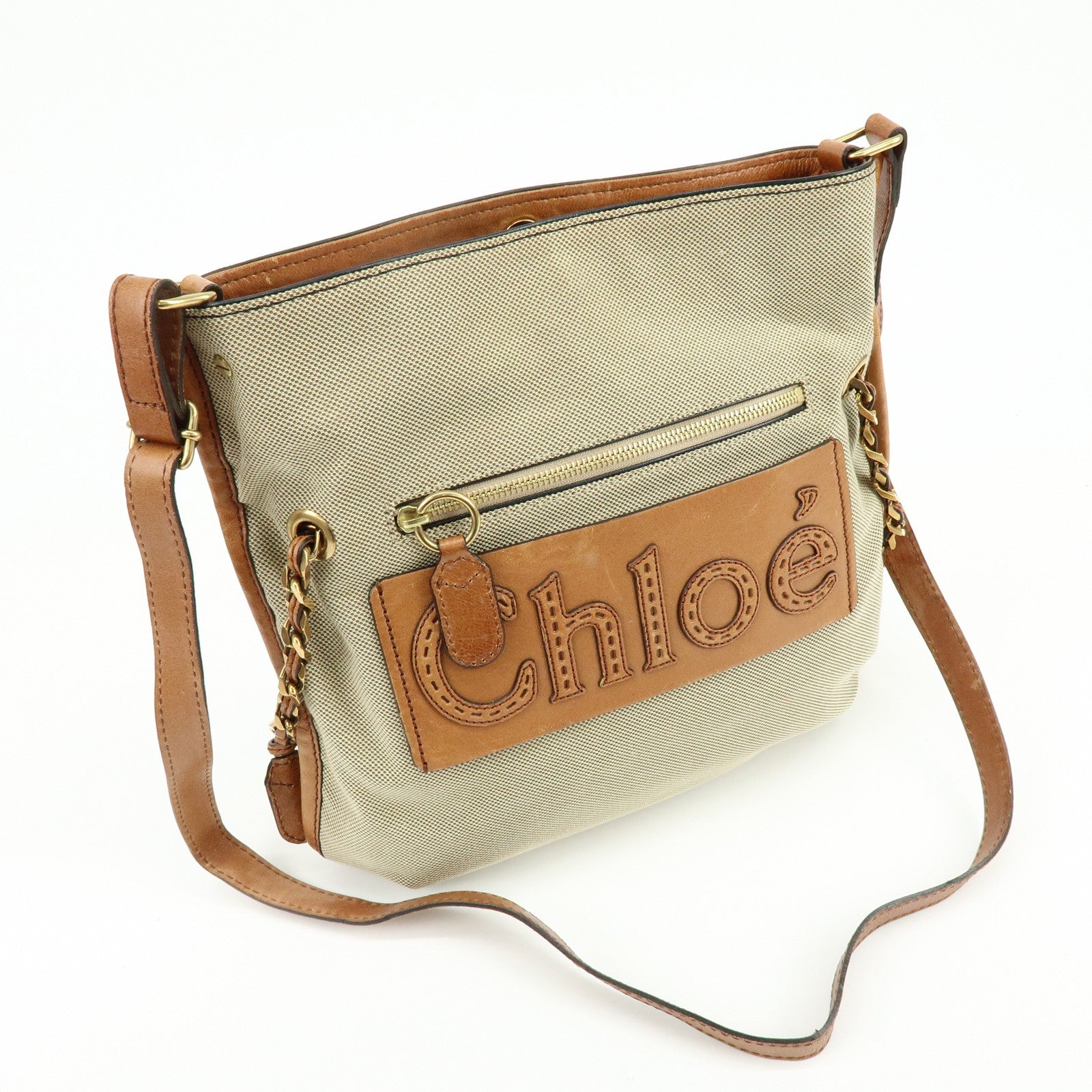 Chloe Harley Canvas Leather Shoulder Crossbody Bag Natural Brown