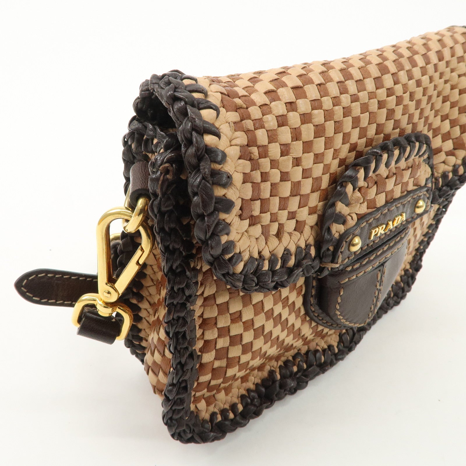 PRADA Madras Leather Shoulder bag Beige Brown BT781V Used