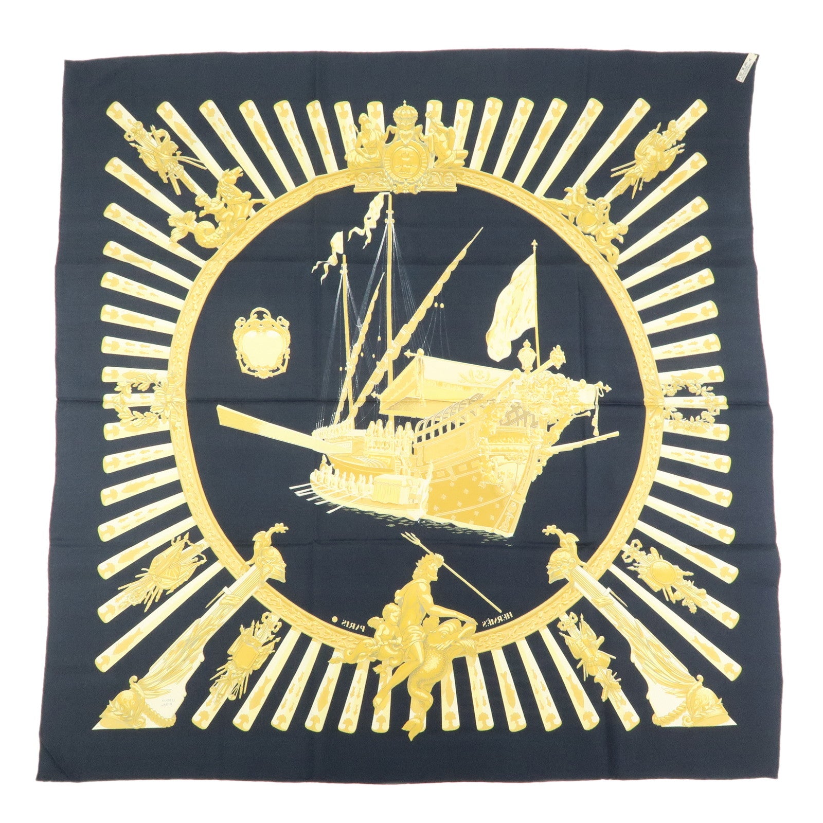 HERMES Carre 90 Silk 100% Scarf la MARINE a RAMES Black Yellow