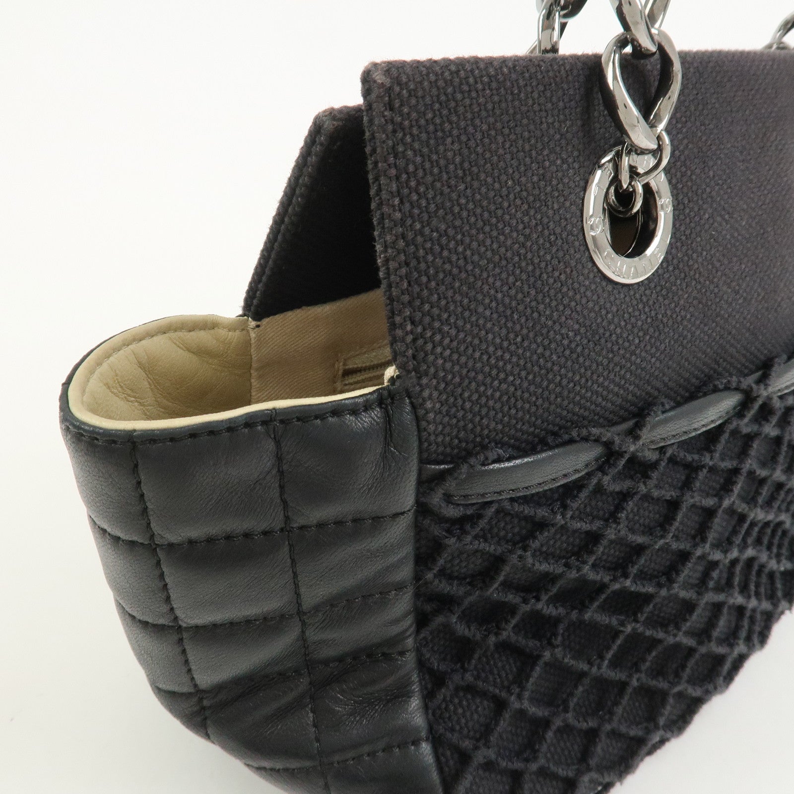 CHANEL Chocolate Bar Lamb Skin Canvas Shoulder Bag Hand Bag Black