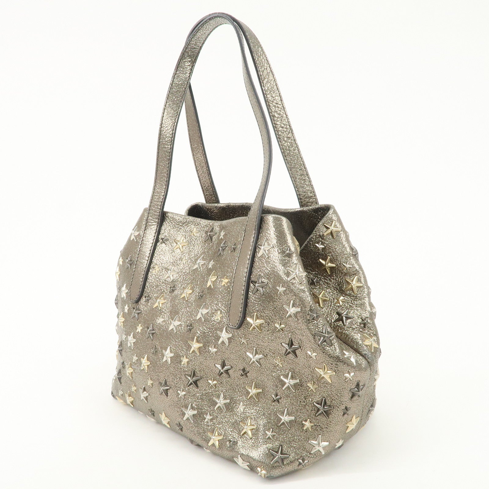 JIMMY CHOO Sophia Studs Leather Tote Bag Shoulder Bag Silver