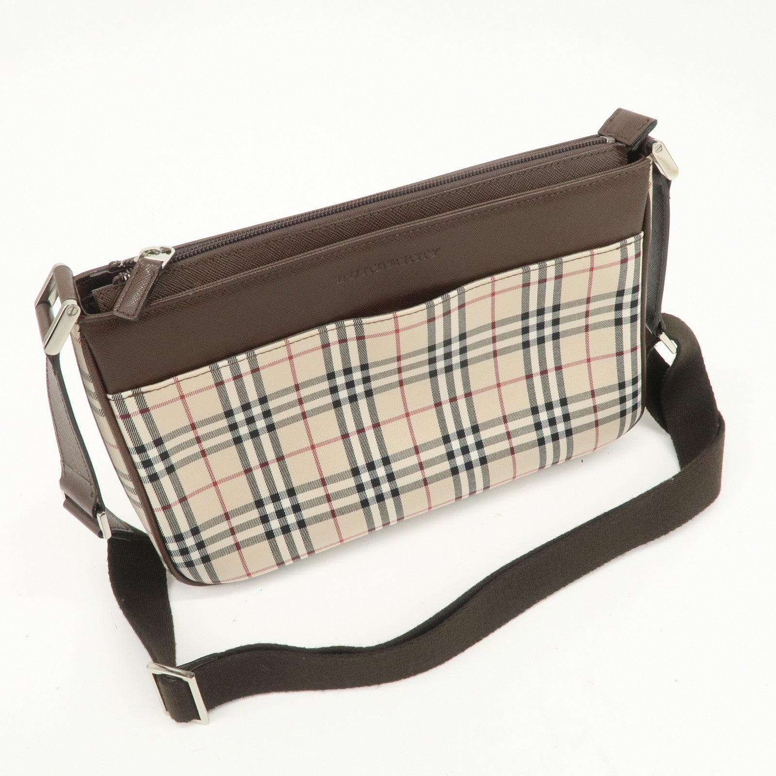 BURBERRY Nova Plaid Canvas Leather Shoulder Crossbody Bag Beige