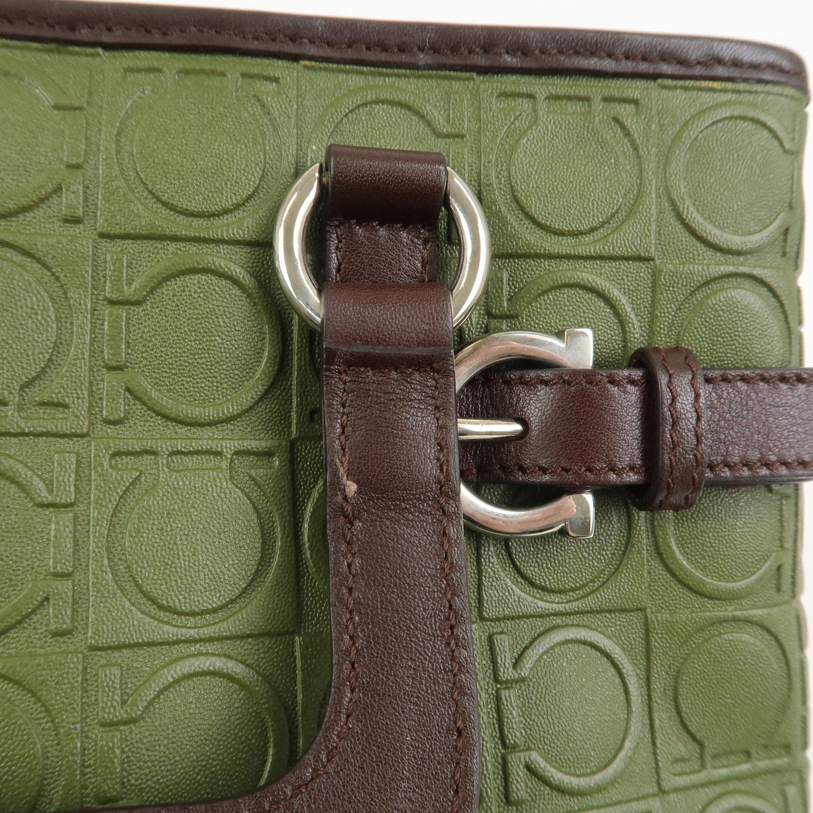 Ferragamo Gancini Embossed Leather 2Way Hand Shoulder Bag Green