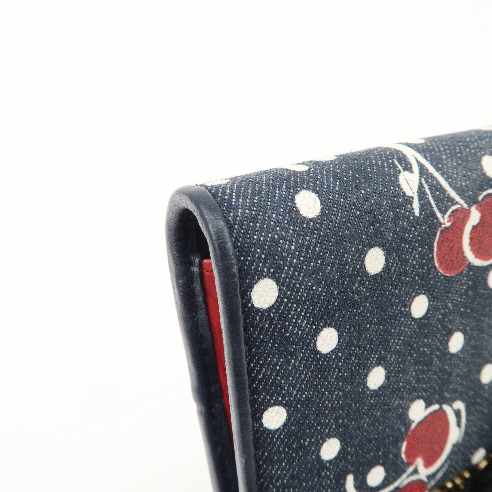 MIU MIU Cherry Denim Leather Bifold Compact Wallet Navy Red Used