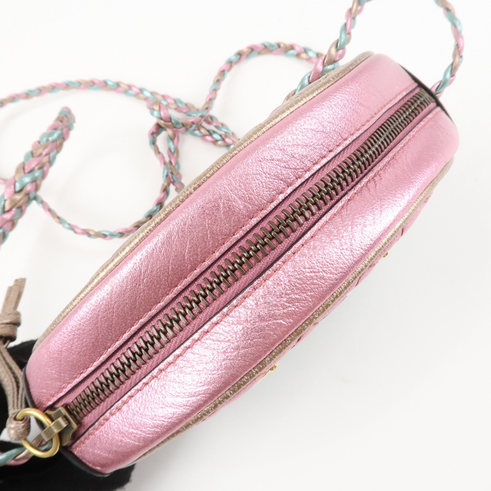 GUCCI Horsebit Leather Shoulder Bag Metallic Pink Blue 534951 Used