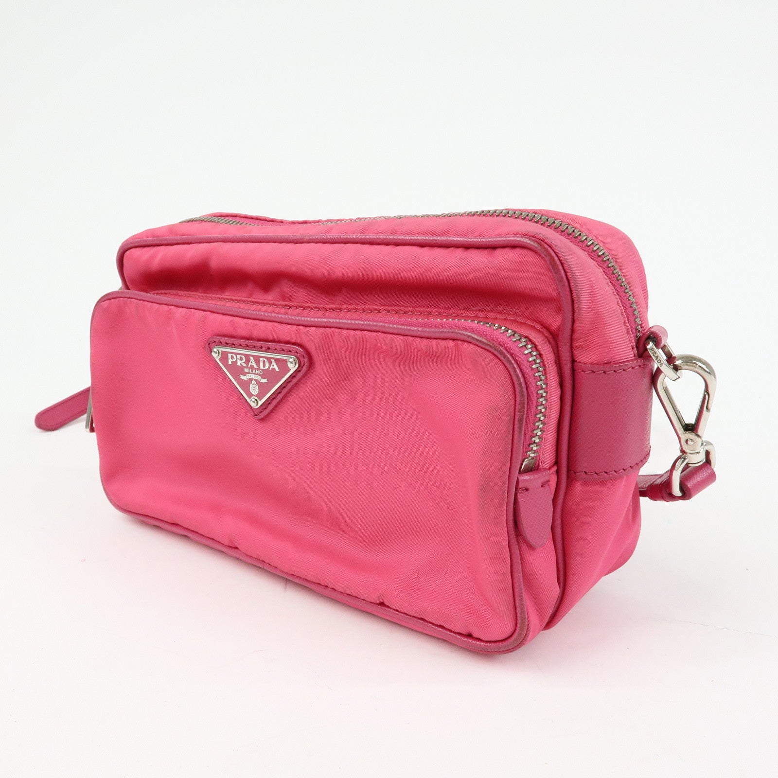 PRADA Triangle Logo Nylon Leather Shoulder Bag Pink BT1010