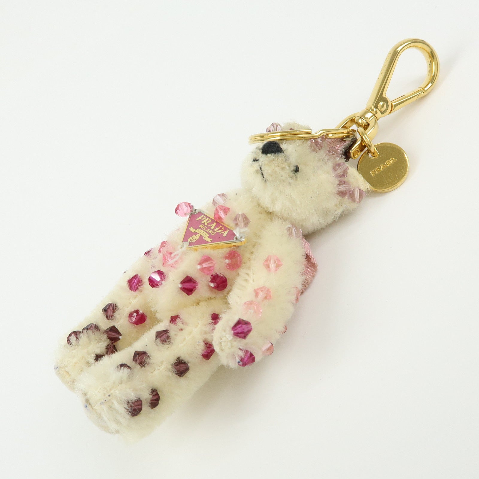 PRADA Triangle Logo Bear Mohair Bag Charm Key Holder Beige Pink