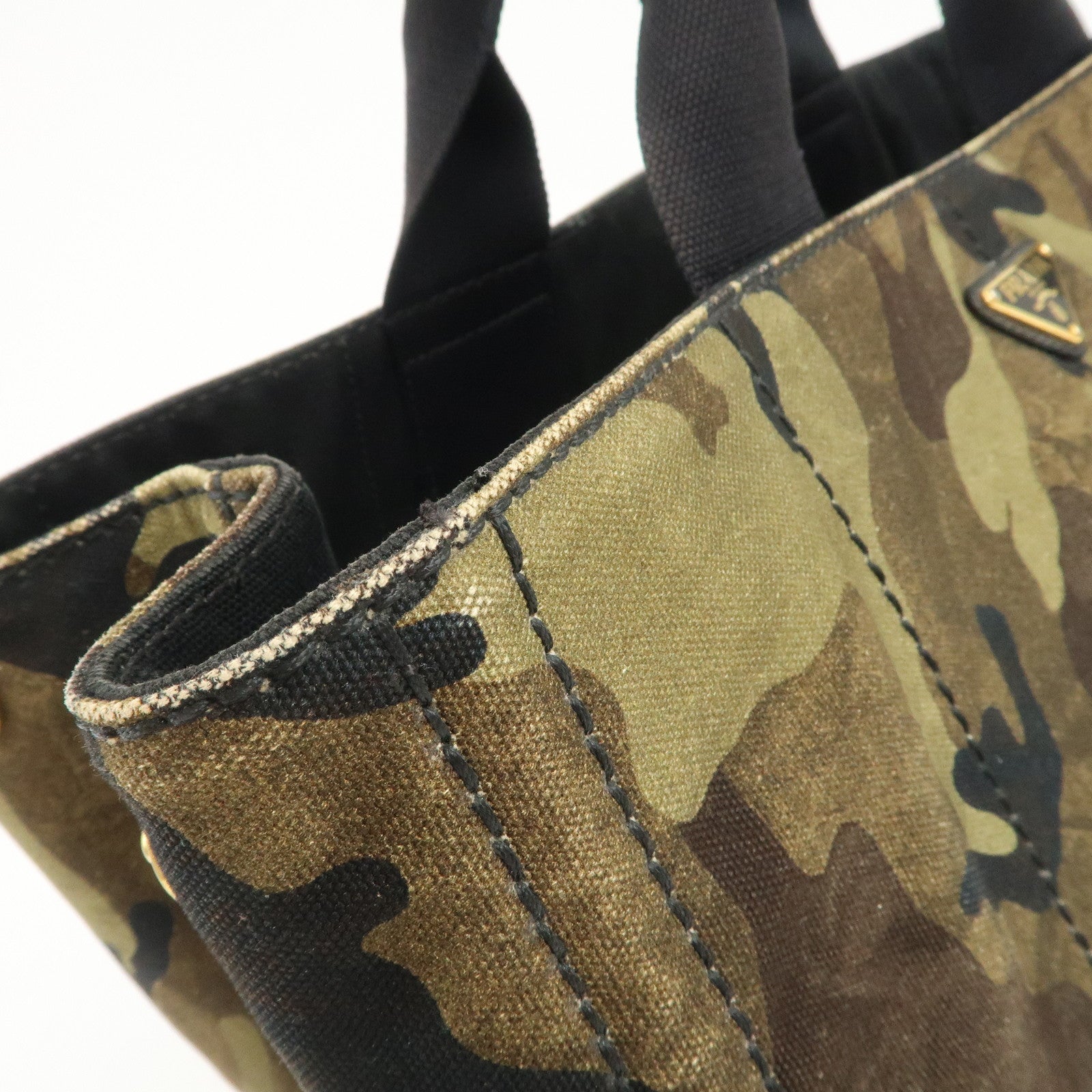 PRADA Triangle Logo Canvas Canapa Tote Bag Black Green BN2020