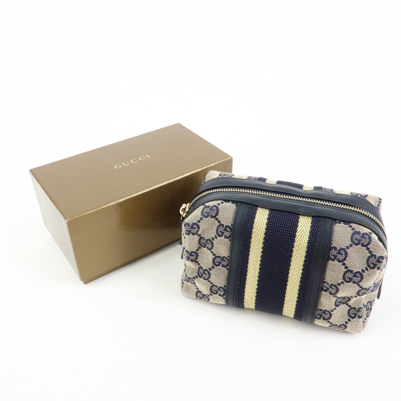 GUCCI Sherry GG Canvas Leather Cosmetic Pouch Navy 256636