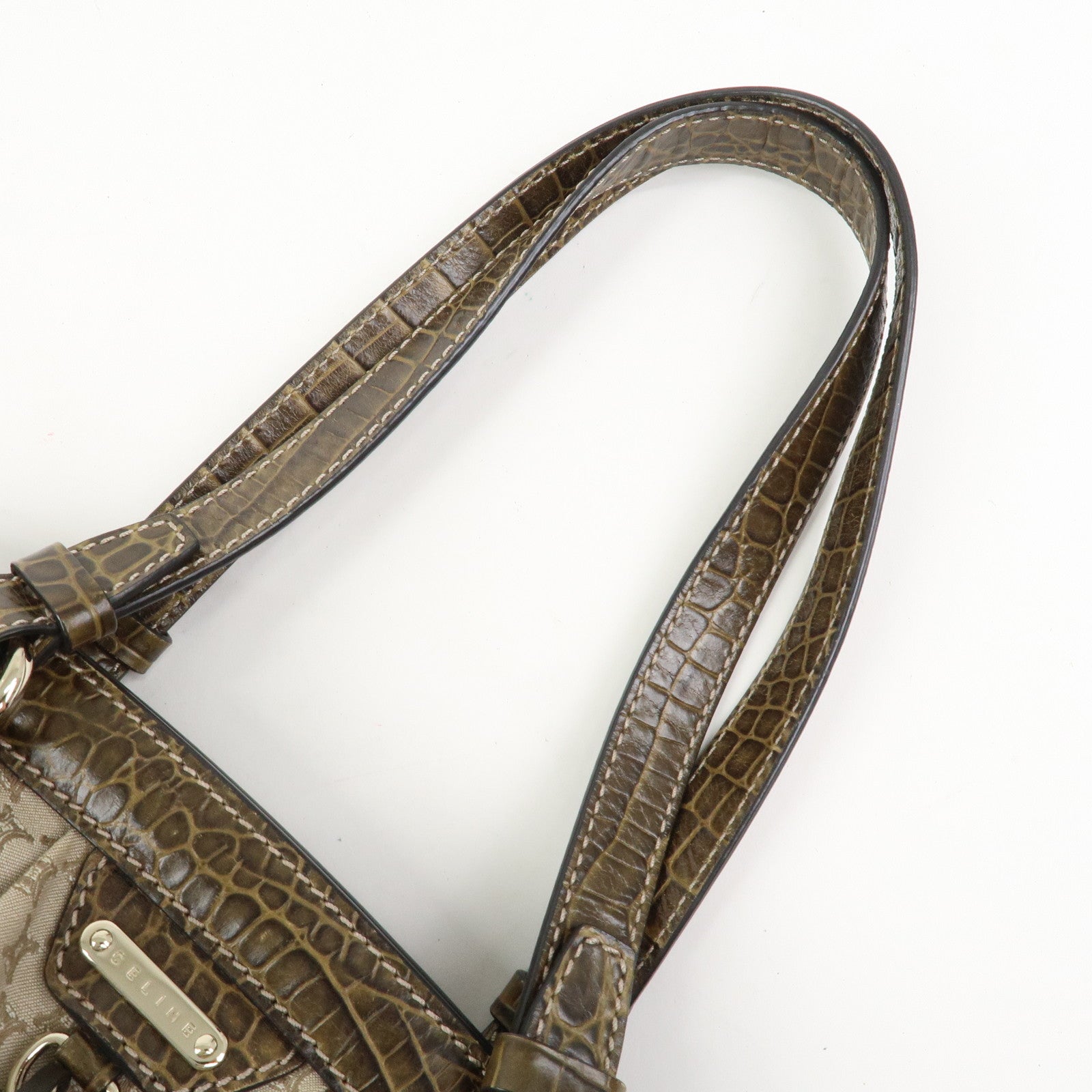 CELINE Macadam Canvas Leather Shoulder Bag Hand Bag Beige