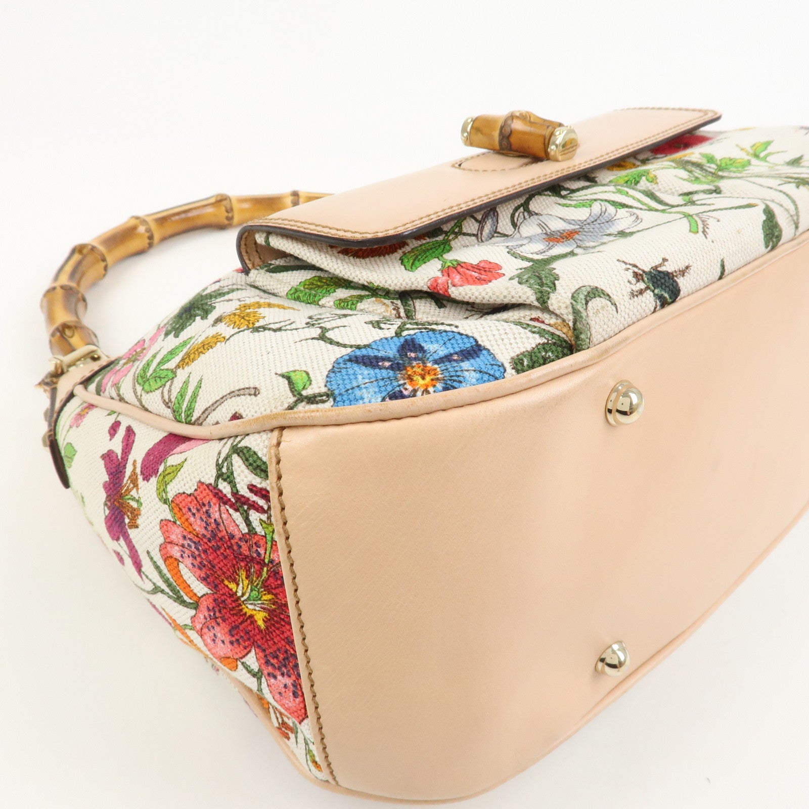 GUCCI Bamboo Canvas Leather Shoulder Bag Flora Ivory Pink 137383
