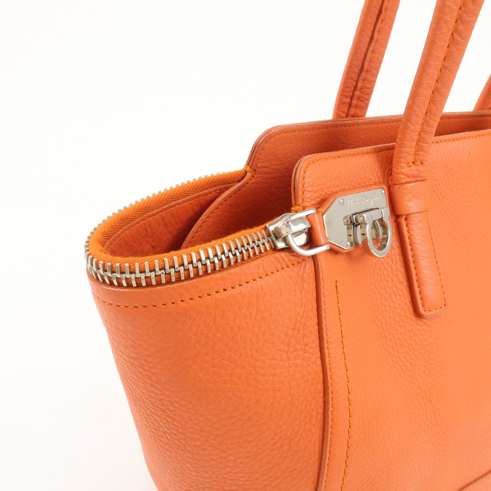 Ferragamo Gancini Leather Tote Bag Hand Bag SHouder Bag Orange